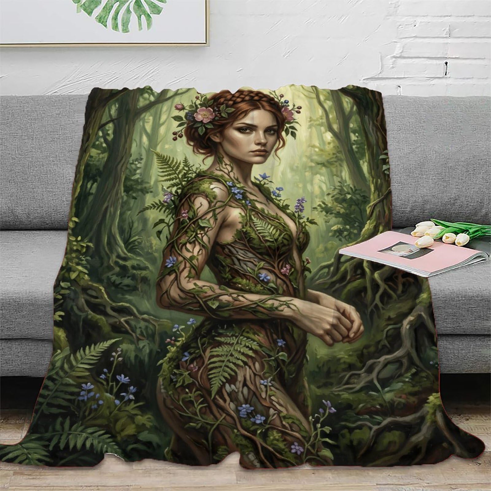 W7C8U2X3 Green Forest Goddess Throw Blanket, Flannel, TV, Fantasy Woman Art