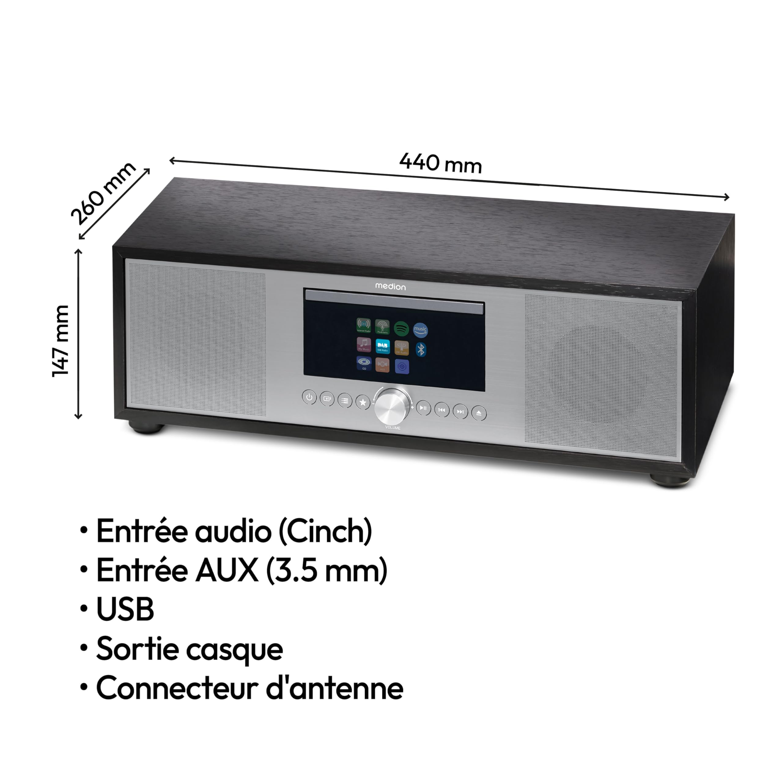 MEDION P66400 Chaîne Audio Tout-en-Un (Radio Internet, Dab+, Lecteur CD/MP3, Spotify, Amazon Music, Radio FM PLL, USB, AUX, Caisson de Basses, Réveil, Veille Automatique) Argent