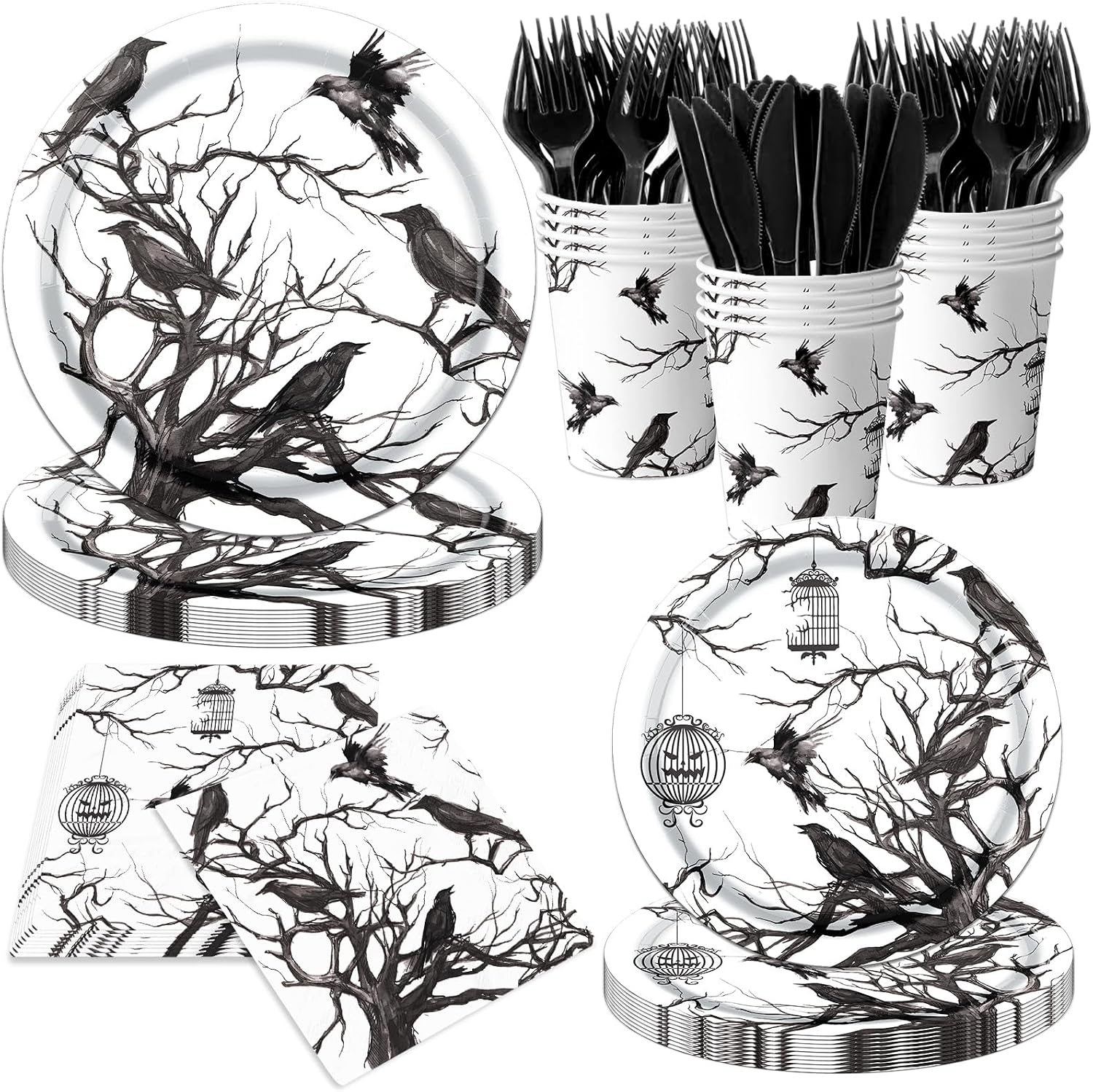 144PCS Halloween Party Supplies Tableware Set, Gothic Halloween Decor Silhouette Tree Crows Plates and Napkins Cups Black Crow Plates and Napkins for HALLOWEEN Themed Party Decorations