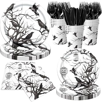 144PCS Halloween Party Supplies Tableware Set, Gothic Halloween Decor Silhouette Tree Crows Plates and Napkins Cups Black Crow Plates and Napkins for HALLOWEEN Themed Party Decorations