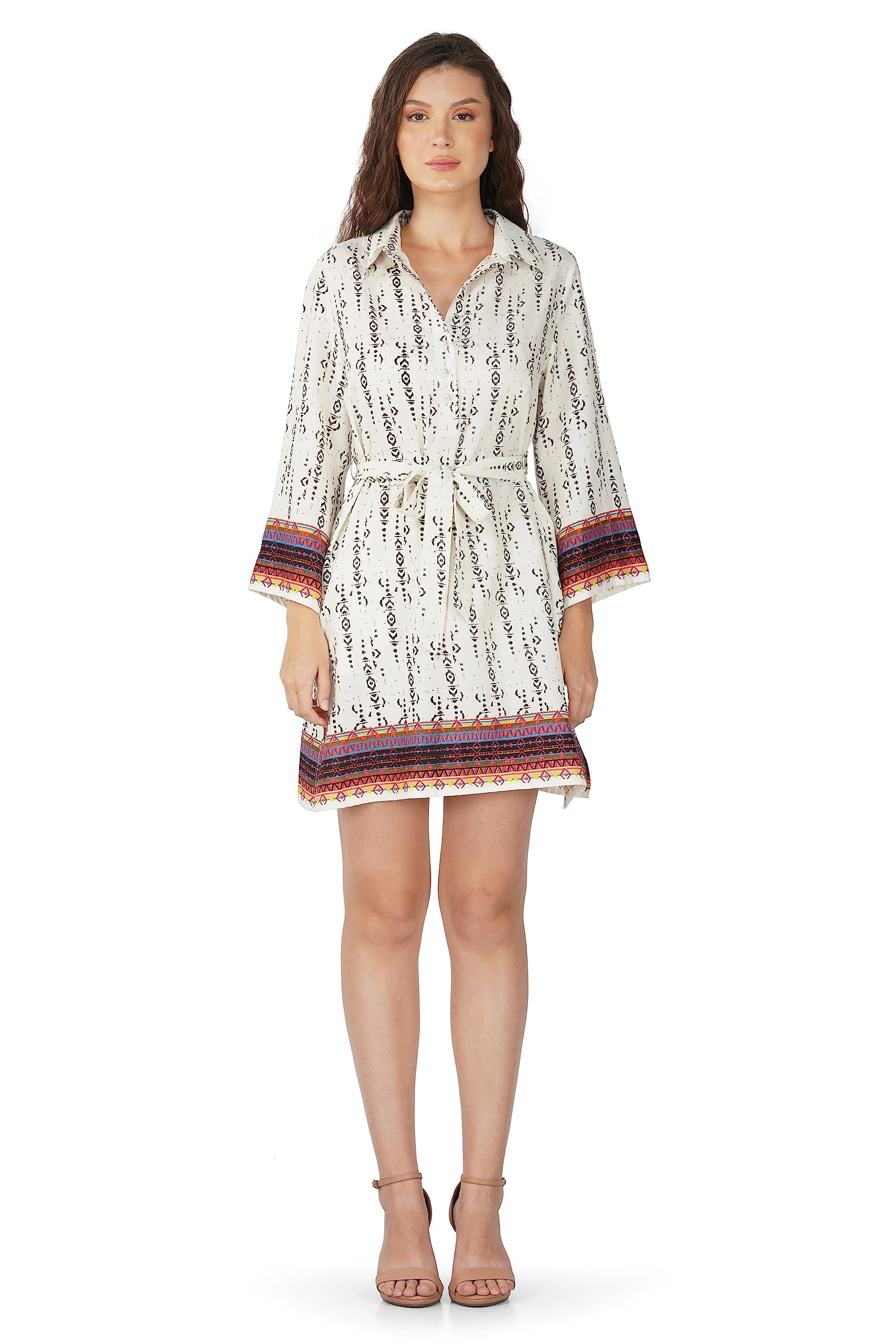 Boho GirlWomens Maria Everyday Essential Dress | Relaxed Fit Mini Length Collared Neck Viscose Dress | Short Western Dress Multicolour