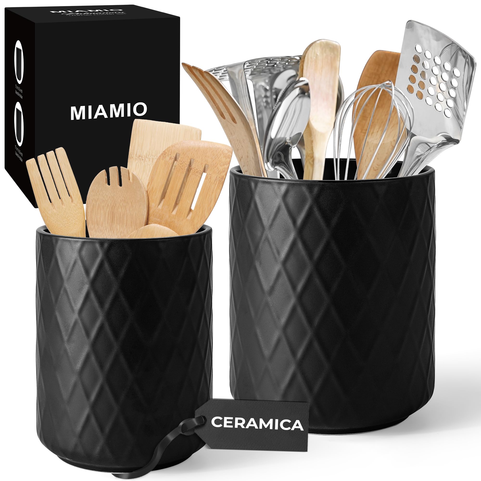 MIAMIO – Porta Utensili da Cucina in Ceramica / Set Organizer per Cucina, Decorazione da Fattoria per Organizzare il Piano di Lavoro e Conservare Posate, Mestoli e Accessori (Nero)