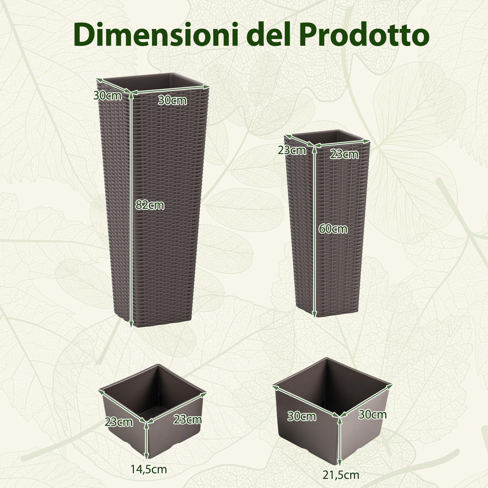 COSTWAY Vasi Alti in Rattan con Vassoi Rimovibili da Interno ed Esterno