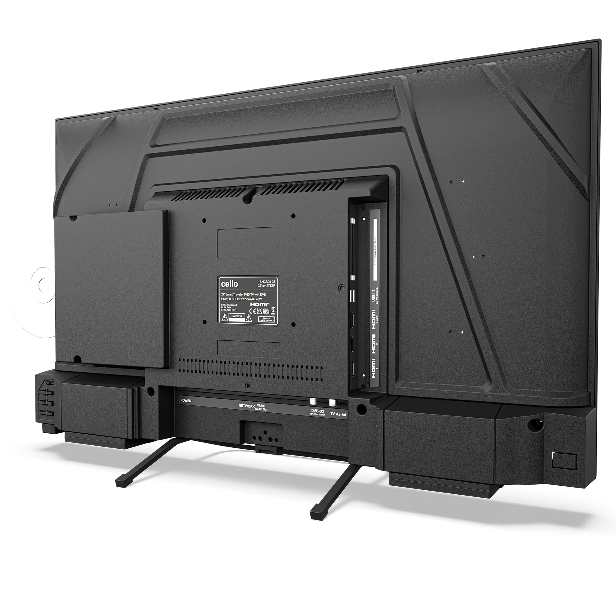 Cello Ctrav-27TZF TV/DVD Smart 27" 12V con Tizen OS di Samsung, altoparlanti Pitch Perfect, Bluetooth, HDMI, USB, prodotto nel Regno Unito, ideale per camper e barche.