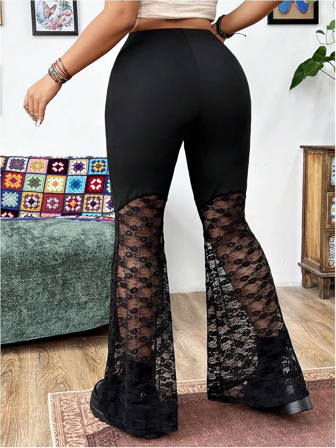 Verdusa Women's Plus Size Floral Lace Sheer Bell Bottom Pants Rave High Rise Long Flare Pants - Image 2