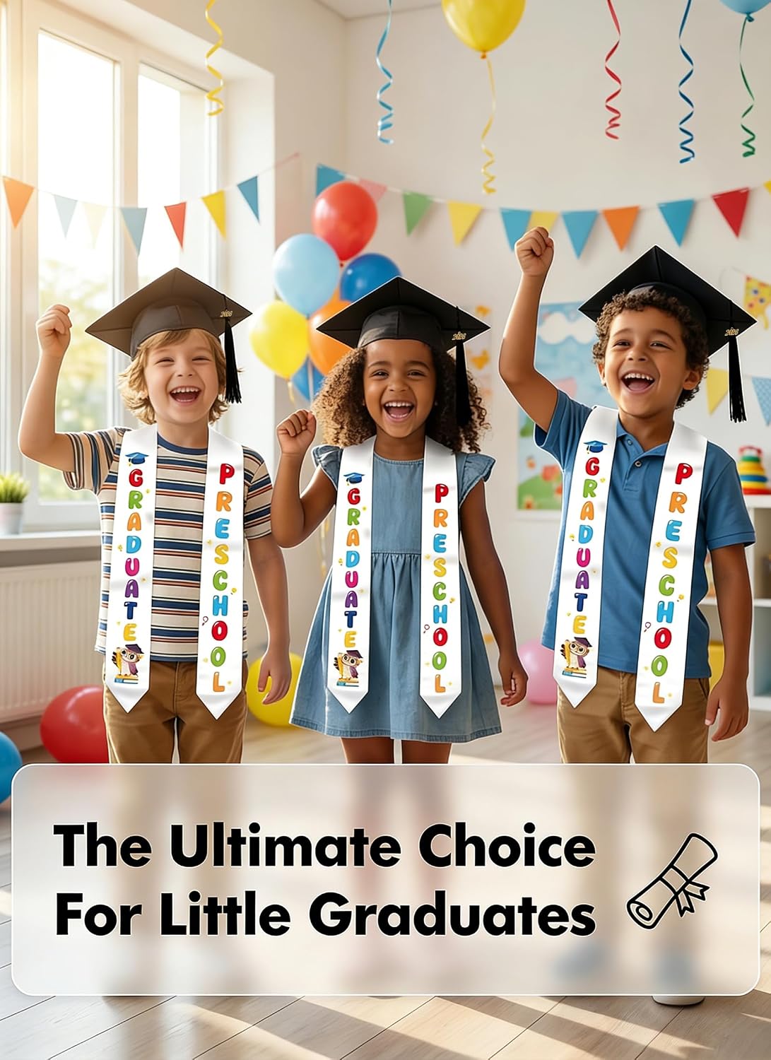 Kindergarten Preshool Graduation Cap and Sash Set - Unisex Grad Caps and Stole with Tassel, Certificate for Kids
