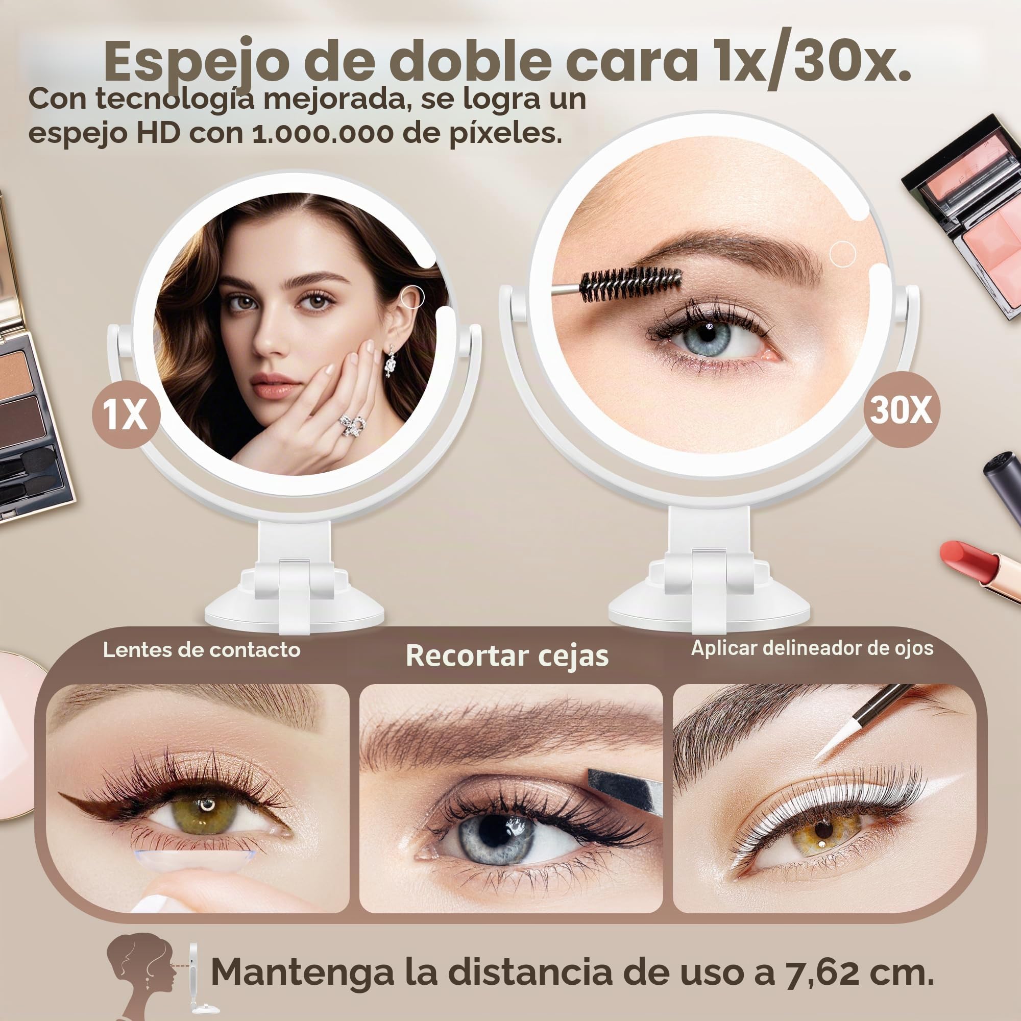 MOMOKUBA espejo giratorio 360° con luz de 30 aumento, 3 modos LED, ventosa recargable para baño