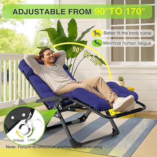 Miniatura 84 de Suteck Zero Gravity - Silla reclinable de camping con cojín extraíble, bloqueo mejorado y soporte para tazas, sillas reclinables de patio Negro