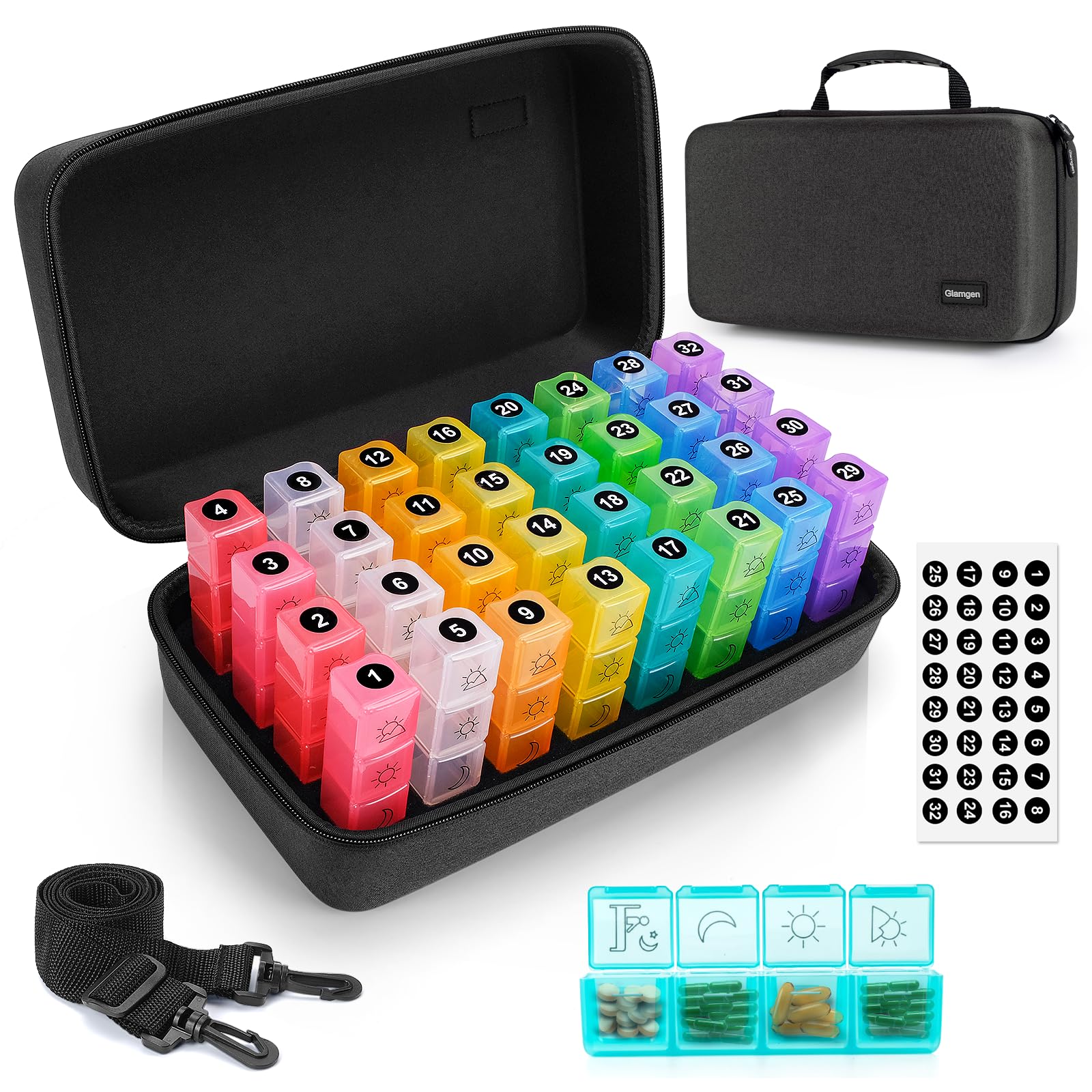 Glamgen Pilulier mensuel 4 fois par jour, 30 jours quotidiens avec grand étui de voyage rigide portable, étui de voyage 32 compartiments pour vitamines, suppléments et médicaments, 1 unité