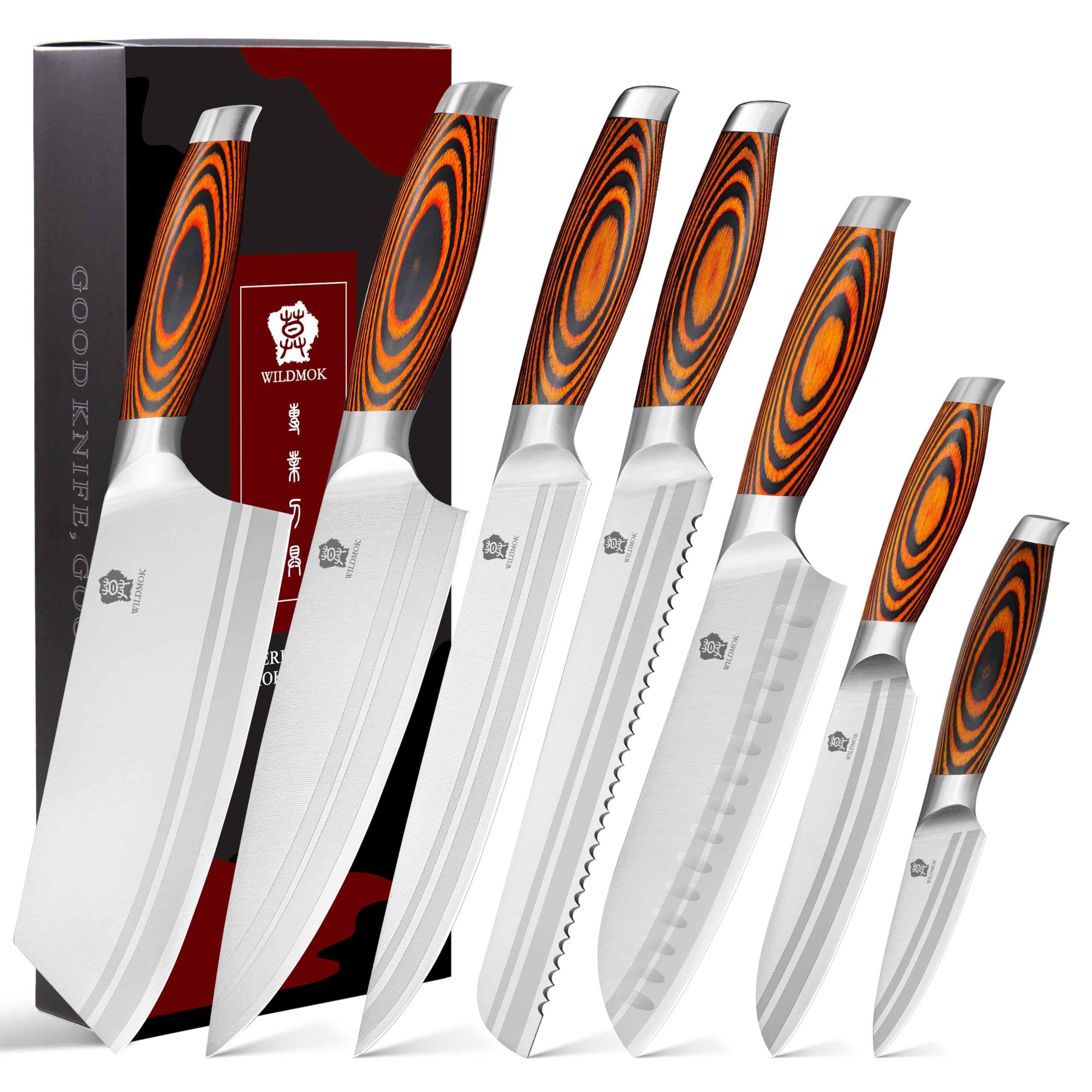 WILDMOK Set di coltelli da cucina 7 pezzi con manico in legno di pakka premium Set di coltelli in acciaio tedesco include set di coltelli da chef mannaia