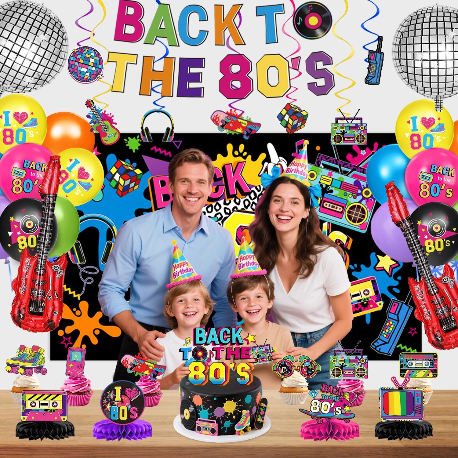 80s Party Decorations Includes Backdrop, Banner, Hanging Swirls, Foil & Latex Balloons, Cake & Cupcake Toppers, Honeycomb Centerpieces for 80s 90s Party Decorations