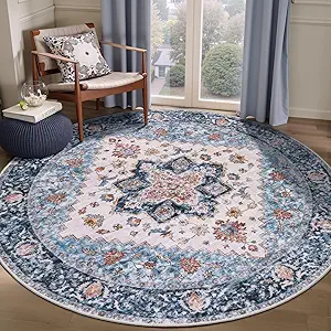 SERISSA Boho Round Area Rug, 5ft Washable Non-Slip Circle Rug, Ultra Soft Oriental Vintage Blue Orange Low-Pile Circular Carpet for Bedroom Entryway Kids Room Office College Dorm Living Room