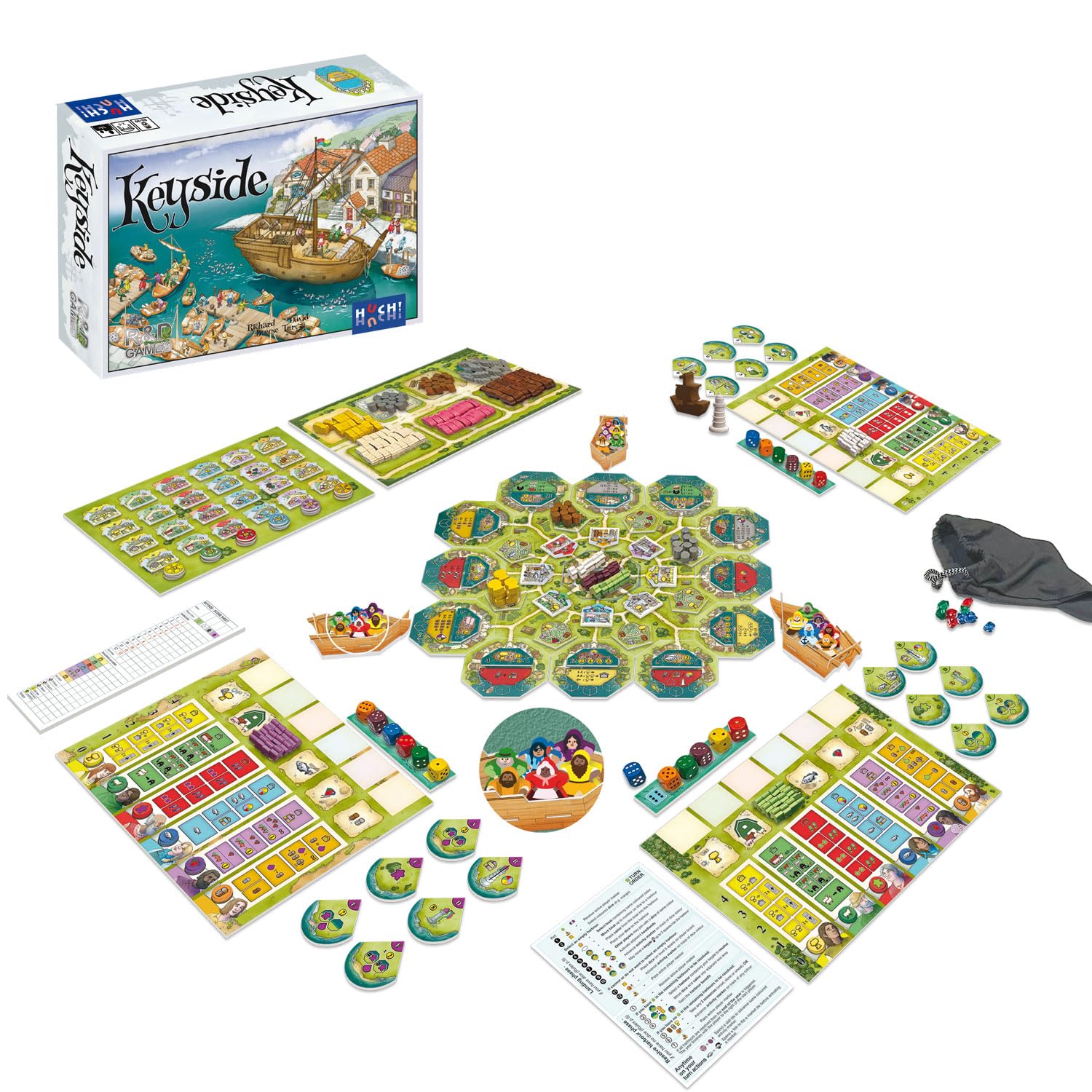 HUCH! Keyside, Kennerspiel, Würfelmanipulation und Arbeiterstrategien, Strategiespiel mit spannenden Szenarien, Für 1–4 Spieler ab 14 Jahren