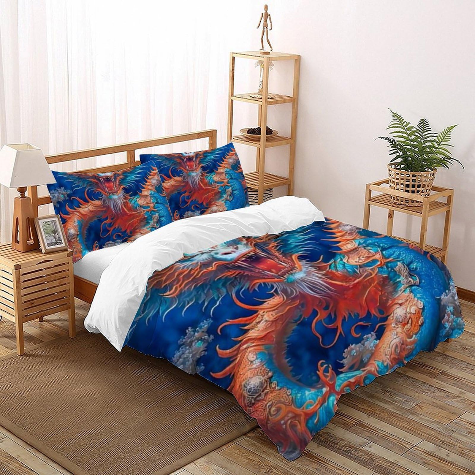 Housse de couette dragon coloré microfibre king 220x240cm aux finitions 3D