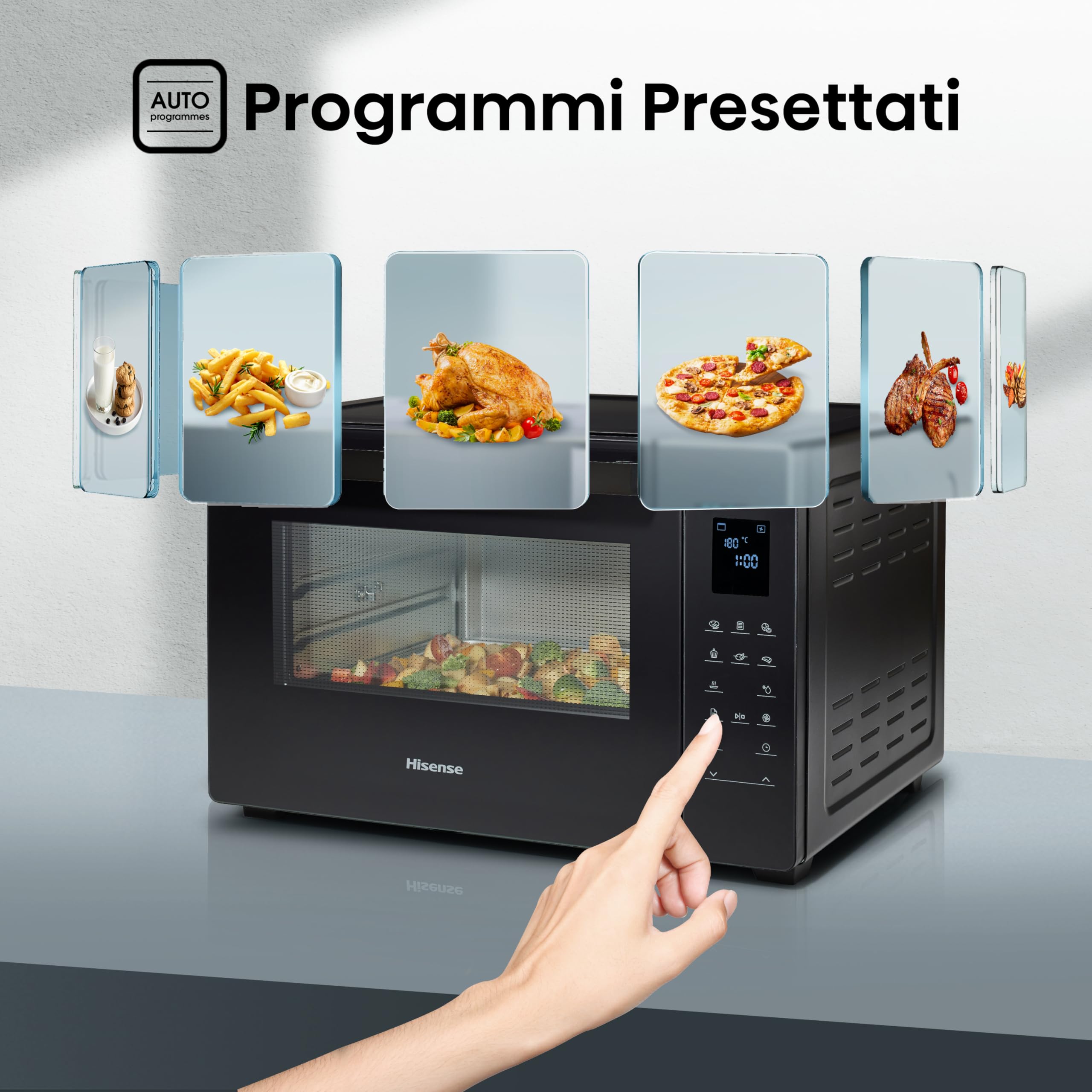 Hisense, HOM45D - Fornetto elettrico 45L, tre livelli di cottura a convezione, girarrosto, comandi touch, programmi automatici