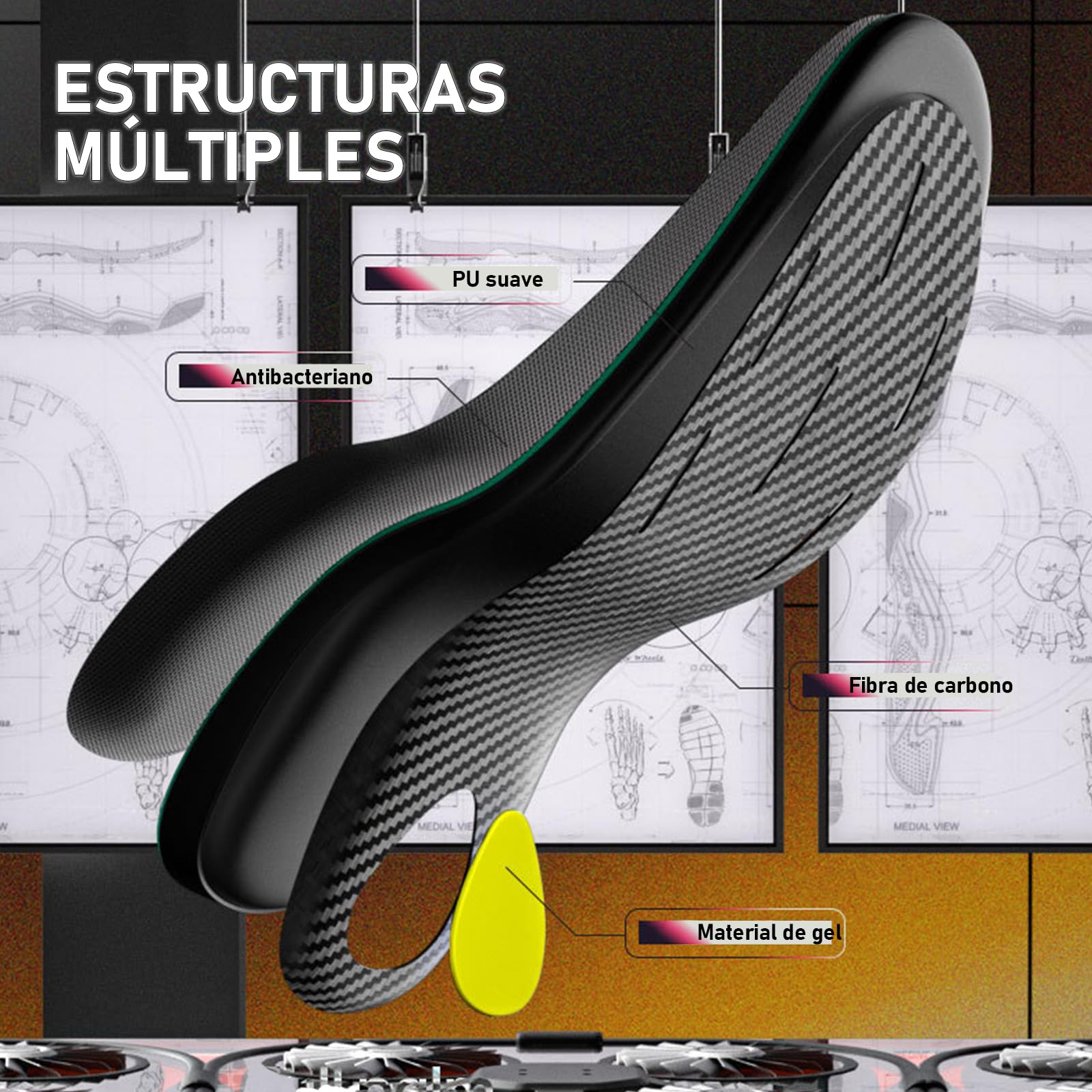 Plantillas de Fibra de Carbono con Soporte para el Arco Plantar para Deporte de Alto Rendimiento – Amortiguación Mejorada, Prevención de Lesiones y Mejora del Rendimiento – Talla EU 39-40