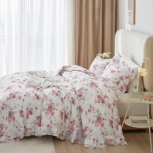 VM VOUGEMARKET - Juego de funda de edredón campestre con volantes, individual, 3 piezas, flores de rosas rojas y 2 fundas de almohada, juego de ropa