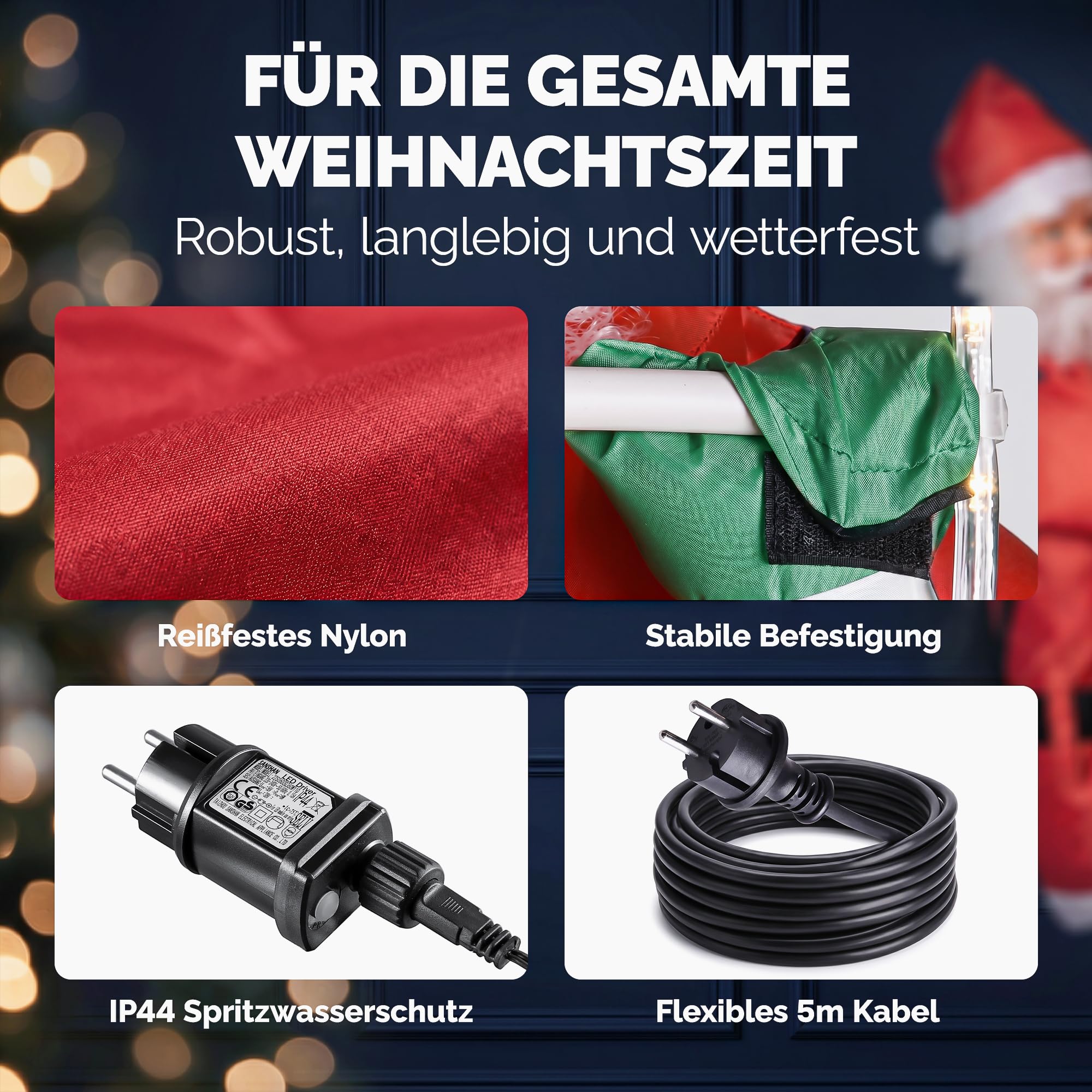 MONZANA LED Weihnachtsmann Leiter XXL In-/Outdoor Timer | 240 cm, 8 Leuchtfunktionen,100 LEDs, Fernbedienung, dimmbar, Santa Claus, Nikolaus, Weihnachten, Figur, Deko