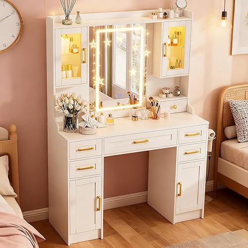 Escritorio de tocador blanco con espejo y luces, moderno escritorio de tocador con estantes ajustables y luz LED, 6 cajones, estante para secador de