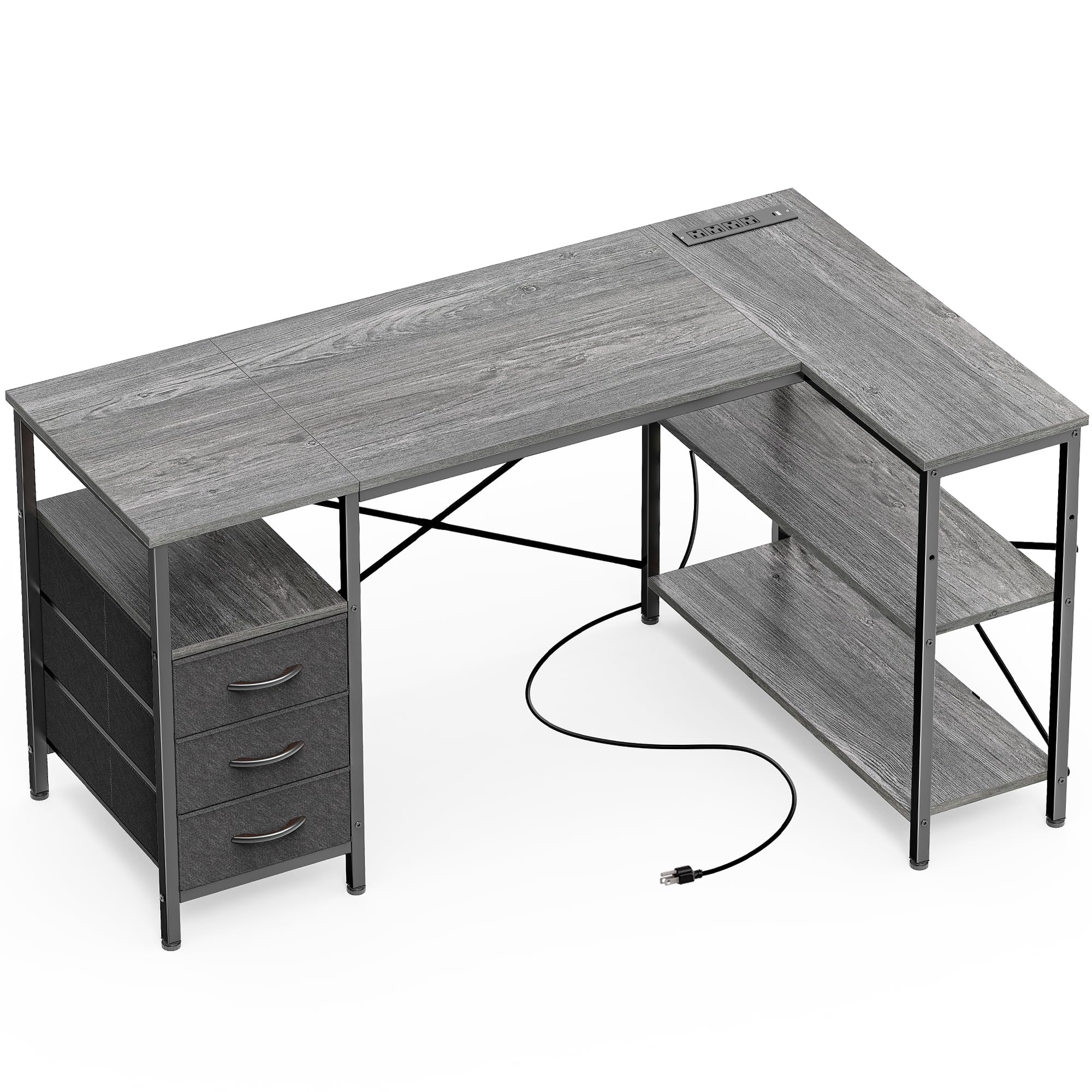 Photo 1 of Huuger L Shaped Office Desk with Power Outlets, 47 Inch Computer Desk with 3 Drawers, Shelves, for Gaming, Corner Work, Home Office, Study, Grey