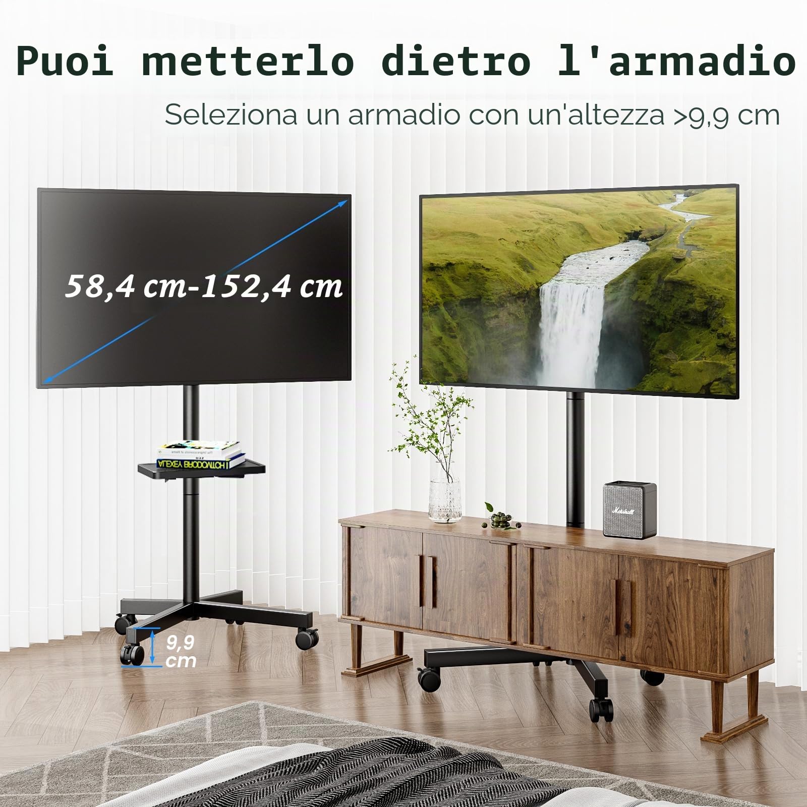 Supporto mobile TV per LCD LED da 23 a 60 pollici a schermo piatto/curvo, carrello porta TV con rotelle, supporta fino a 40 kg di peso, supporto TV portatile con ripiano girevole da pavimento