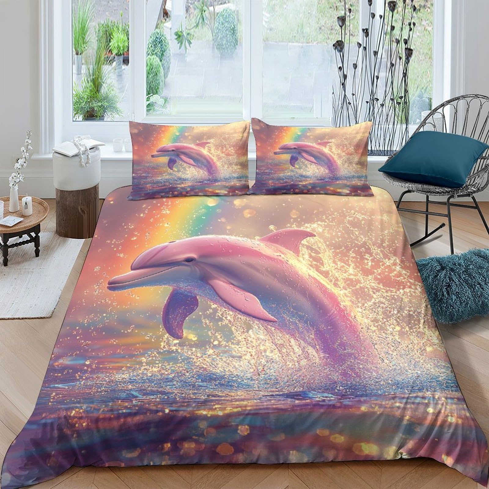 Ctjqhvkz Style-7 3D Printed Rainbow Dolphin Fitted Sheet Microfiber Soft Anti-Slip Bed Cover Ocean Fantasy Bedroom Decor Single（135X200cm）