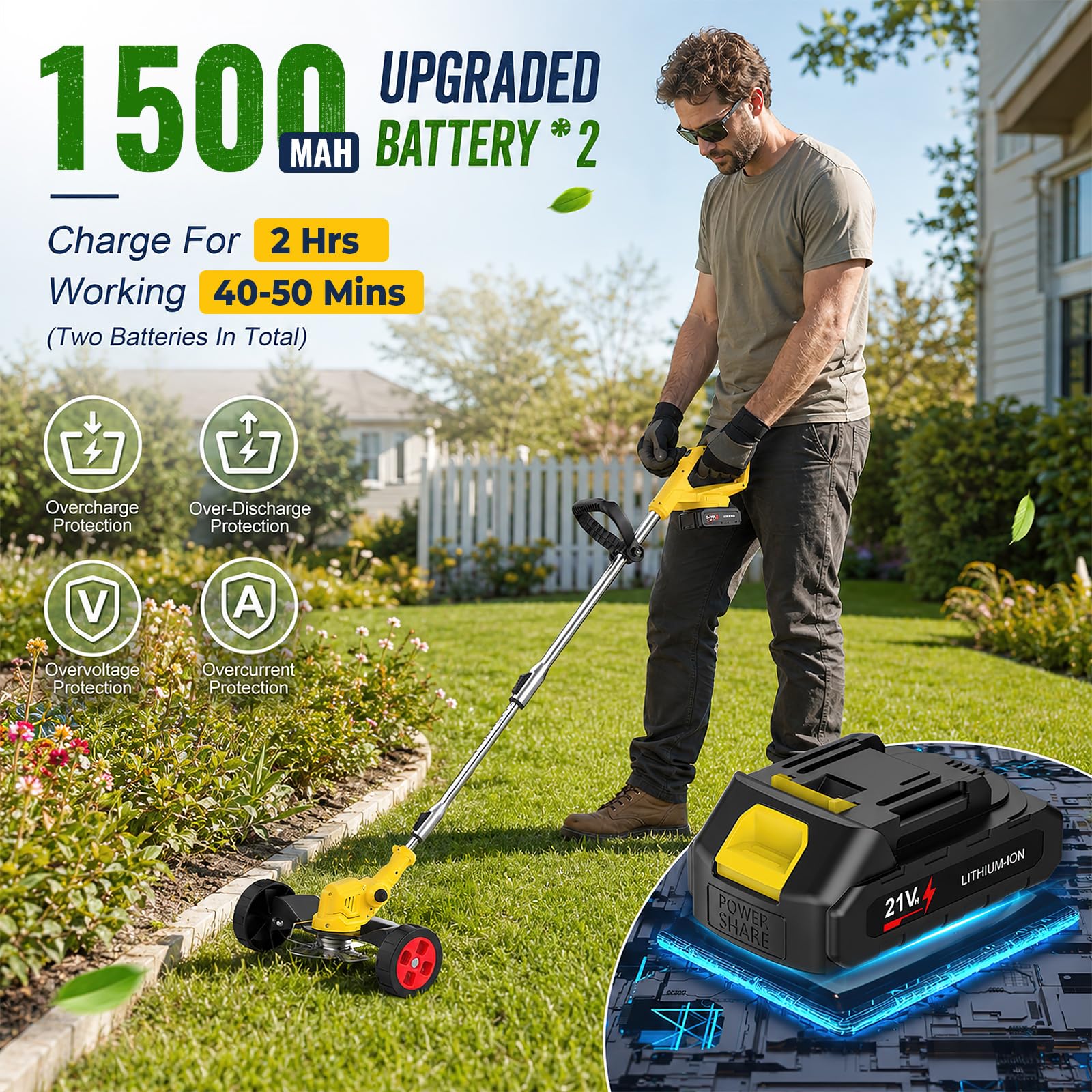 Cortacesped Electrica 1800W, Desbrozadora Bateria Plegable, Baterías 3000 mAh,4 Cuchillas,7800 RPM，Mango Extensible y Cabezal Regulable,para Césped y Malas Hierbas