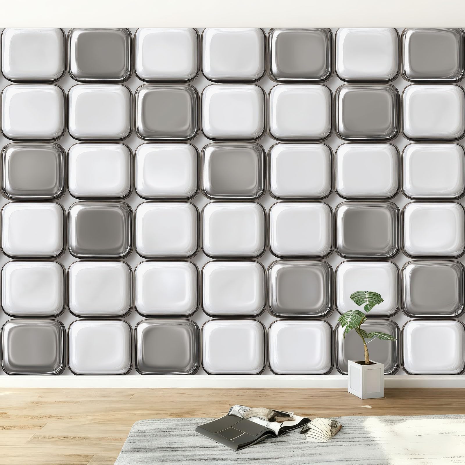 Papier Peint Panoramique Cubes pour Agrandir une Pièce Tapisserie Murale Intissé XXL Salon Gris