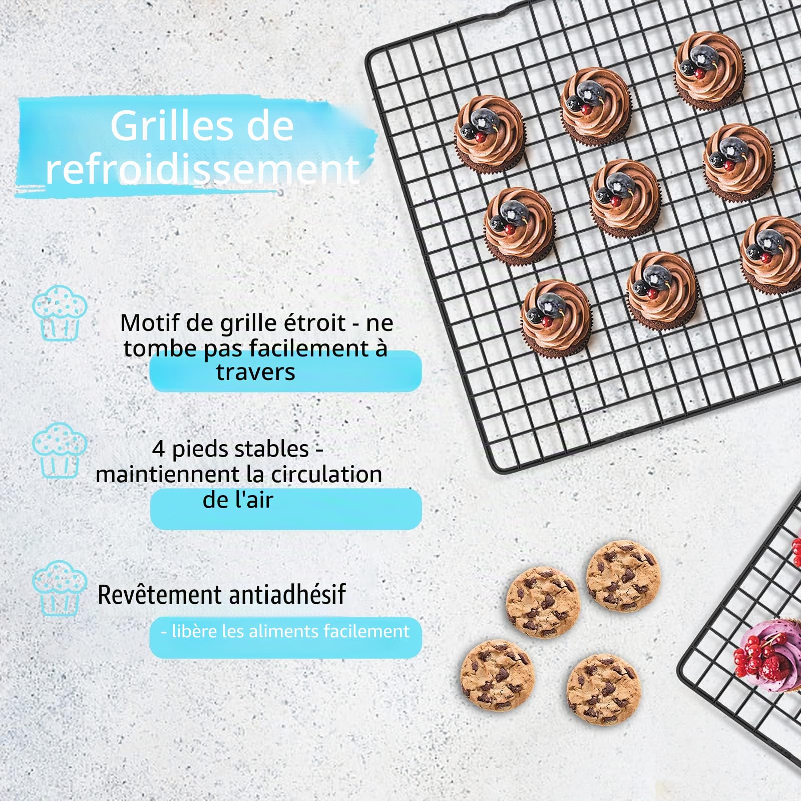 Tebery Lot de 4 grilles de refroidissement en acier au carbone pour cuisson gâteau pizza viande