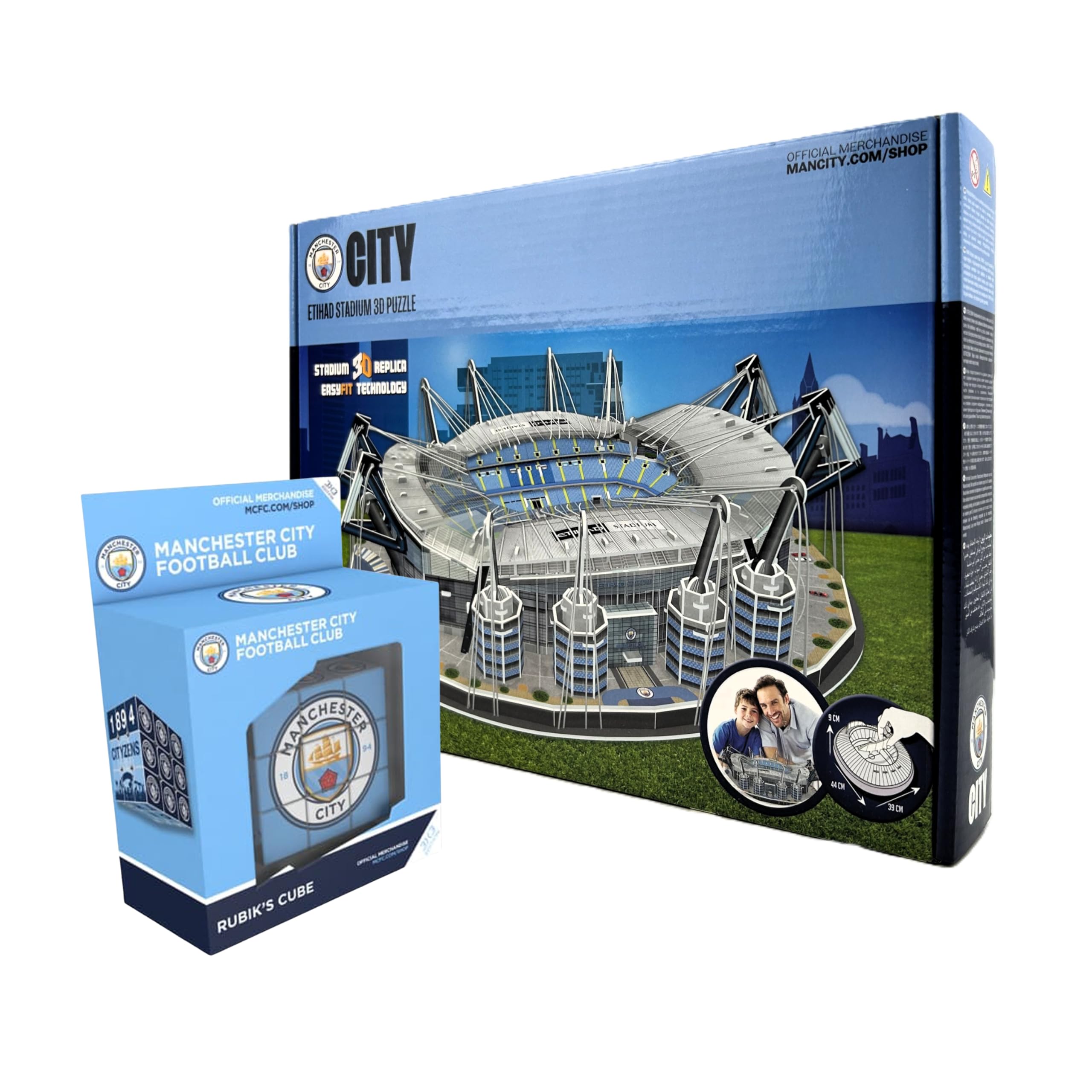 Manchester City FC Puzzle & Rubik’s Cube Set – Etihad Stadium 3D Puzzle 132 Pieces + Official Football Club Rubik’s Cube – Football Fan Gift, Brain Teaser & Collectible for Kids & Adults, Ages 7+