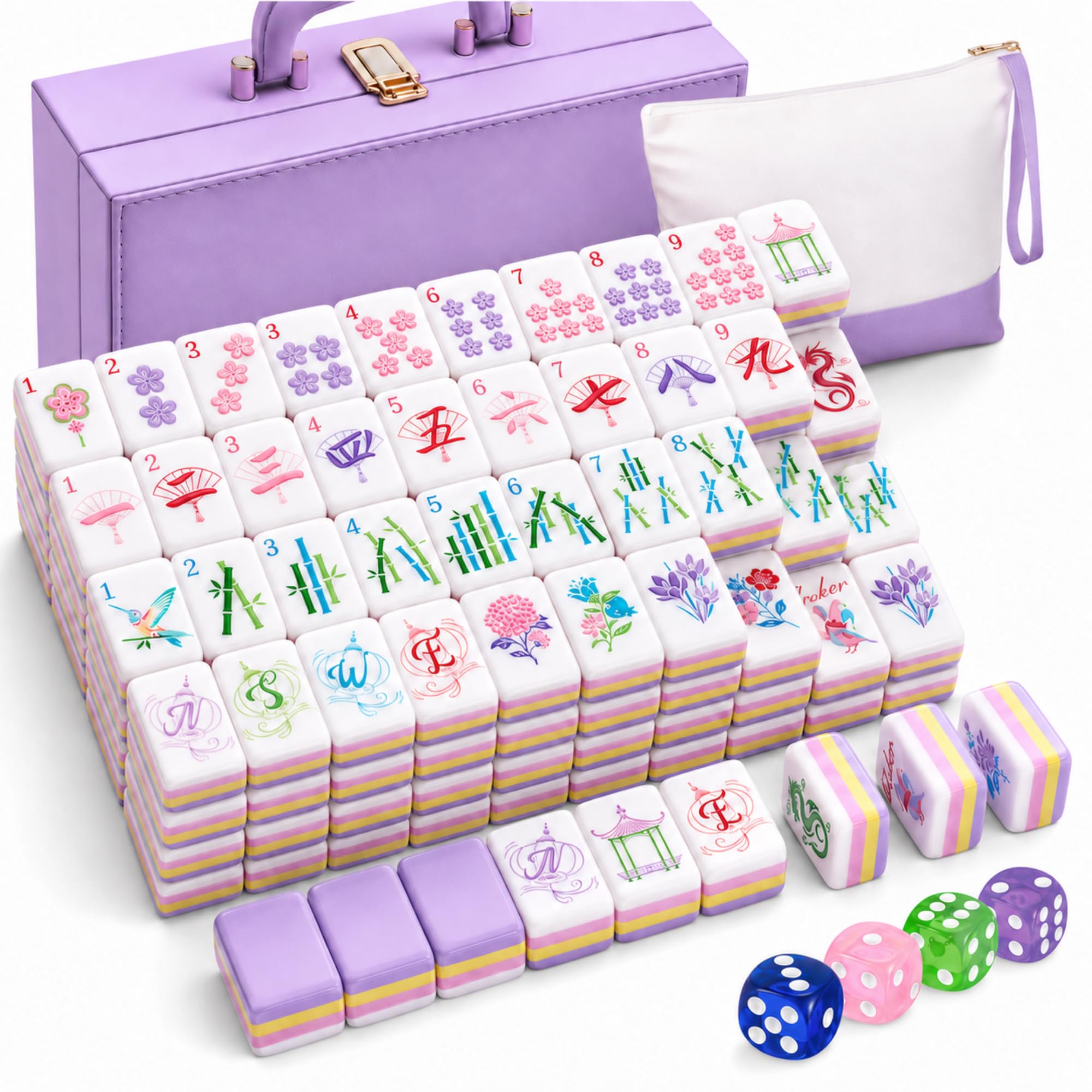 Soulchen 1.2 Inch Pink Purple Green Acrylic American Mahjong Set 168 Blossom Numbered Tiles, Tiles Bag and Portable Travel Case Classic Complete Mahjong Set for Adult Collection Gift — image 1