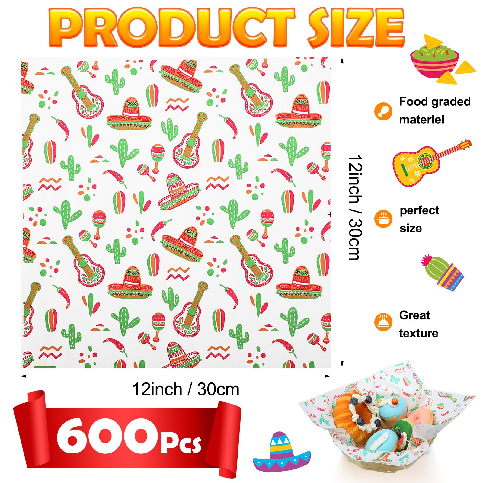 Epakh 600 Stück mexikanisches Deli-Papier, 30,5 x 30,5 cm, lustiger Stil, fettdicht, mikrowellengeeignet, Sandwich-Geschenkpapier, Lebensmittel-Wachspapier, Backen, Verpackung, Verpackung für
