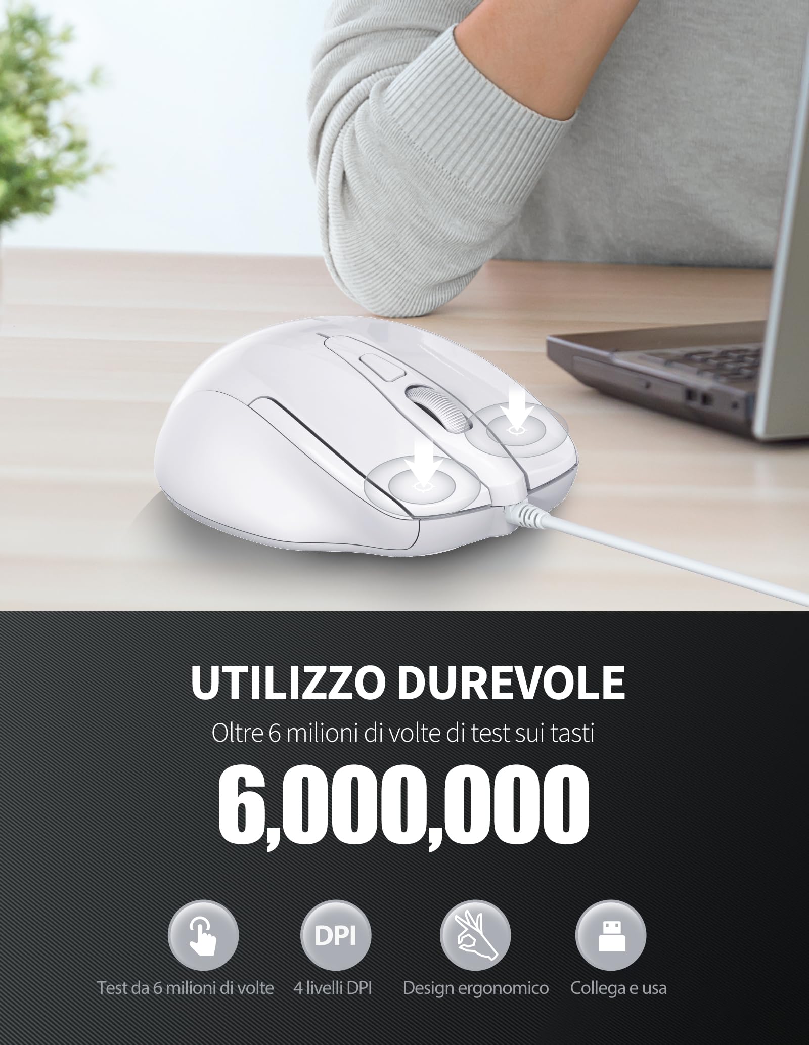 Mouse Cablato USB, Mouse per Computer con Filo Ergonomico 1200 Dpi Click con Tecnologia Ottica per Laptop Desktop