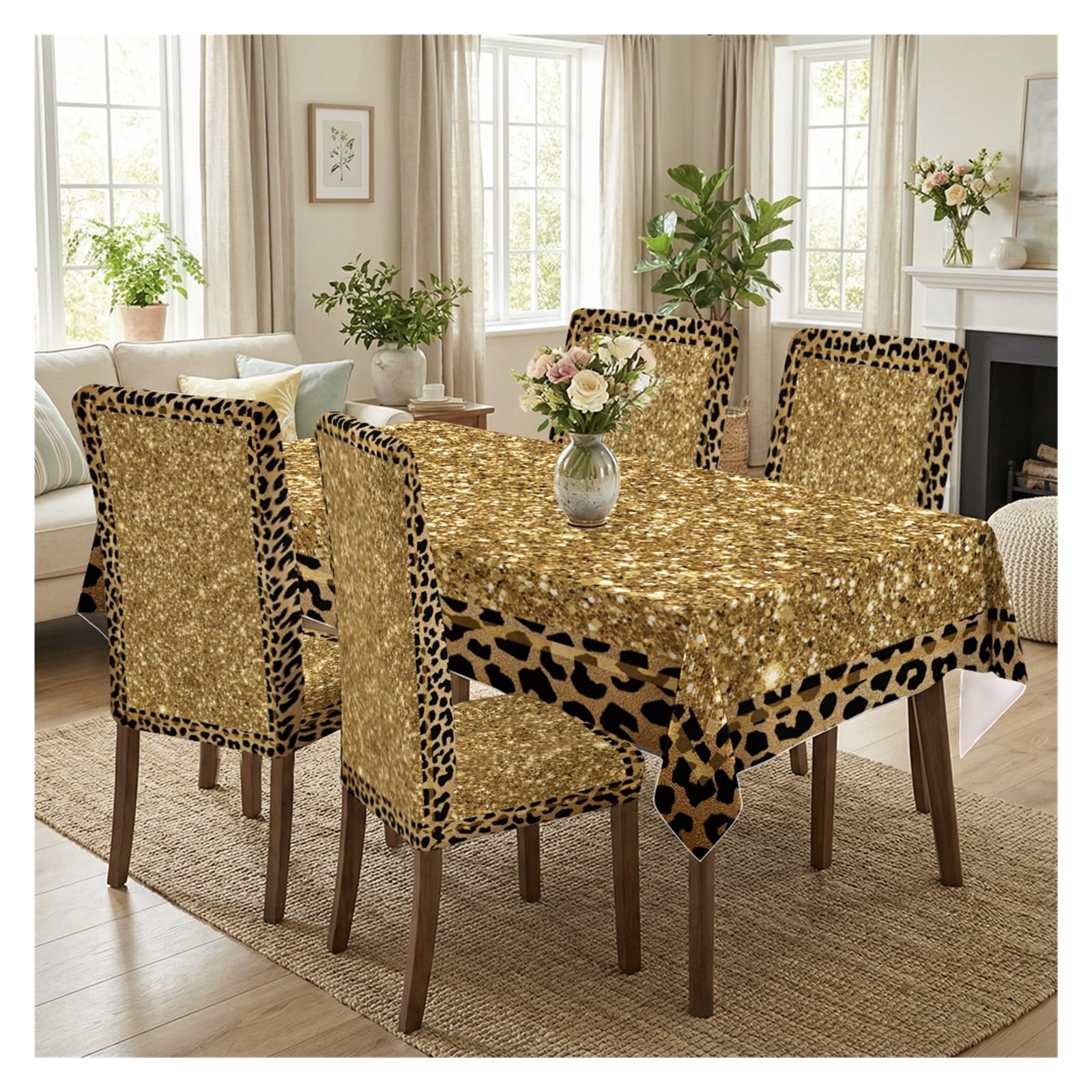 KXUAUV Stretch Dining Chair Slipcover & Tablecloth Set, Gold Glitter Leopard Print, 5/7 Pack, For Party Club Night Glam Dining Modern Home Decor Party Decor(5pcs Set: Tablecloth+Chair Covers)
