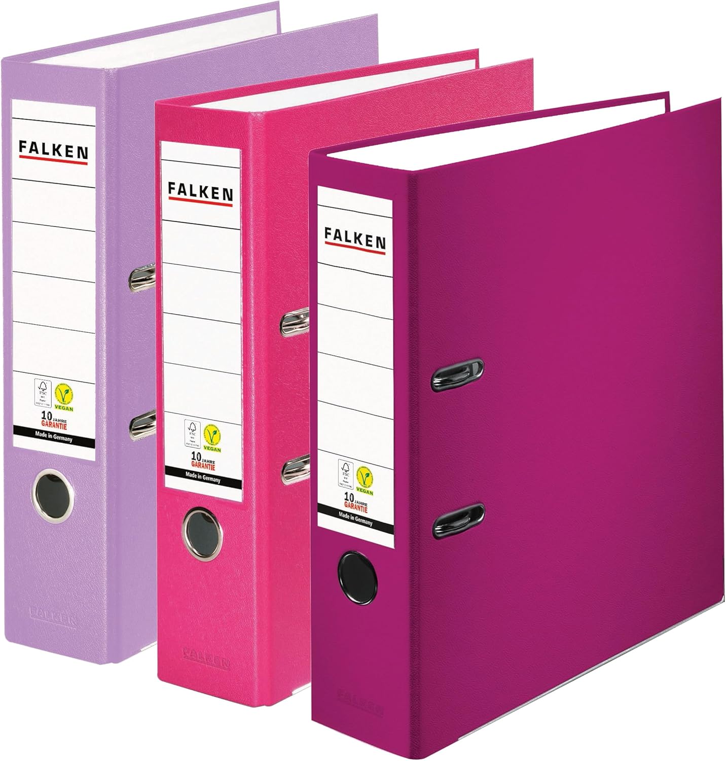Falken 3er Pack PP-Color Ordner, Made in Germany, 8 cm breit DIN A4 farbig sortiert Berry-Pastell Kunststoffbezug außen, Papierbezug innen, mit austauschbarem Rückenschild