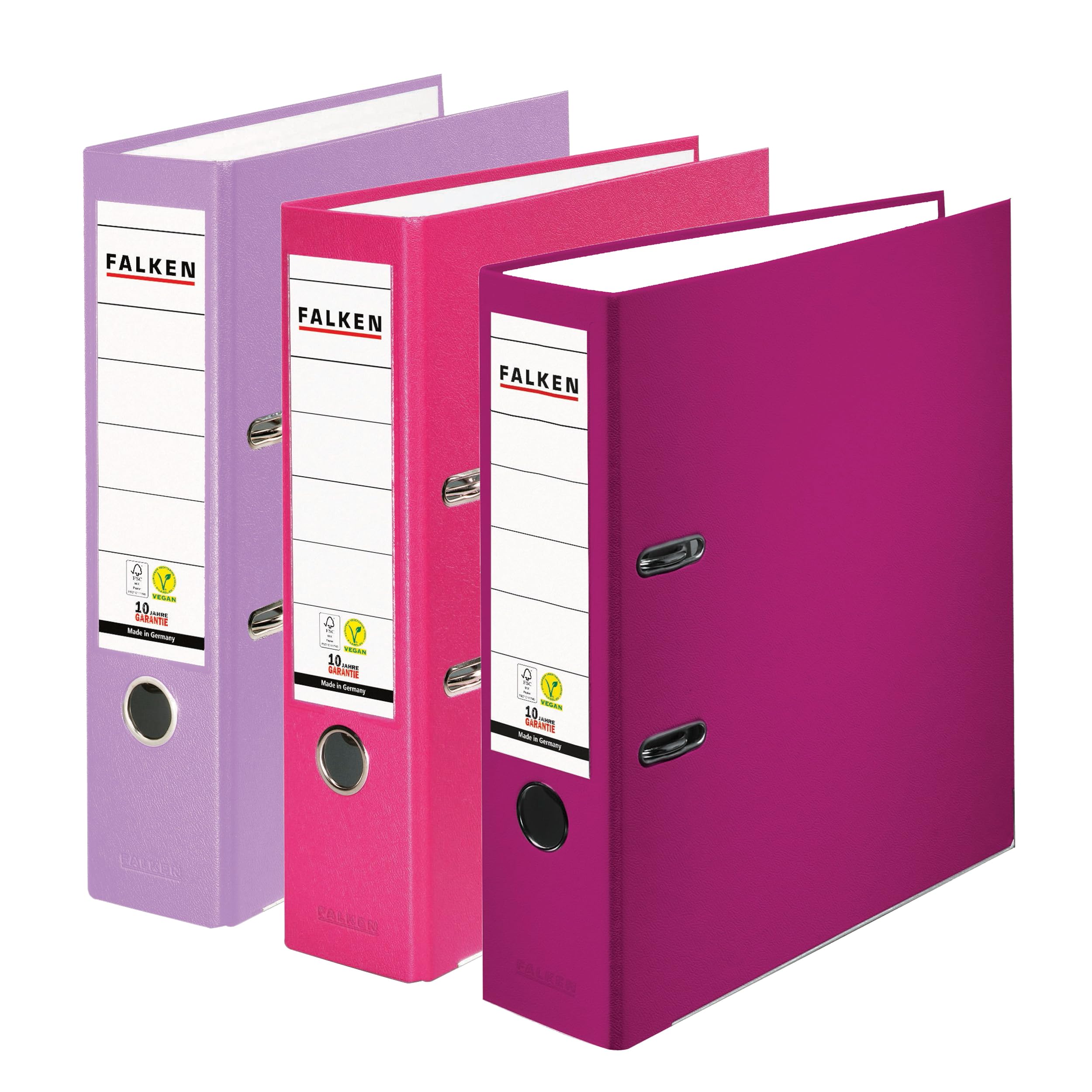 Falken Pack of 3 Polypropylene Colour Folders, Made in Germany, 8 cm Wide, DIN A4, Assorted Colours, Berry Pastel Plastic Cover Outside, Paper Cover Inside, with Interchangeable Spine Label