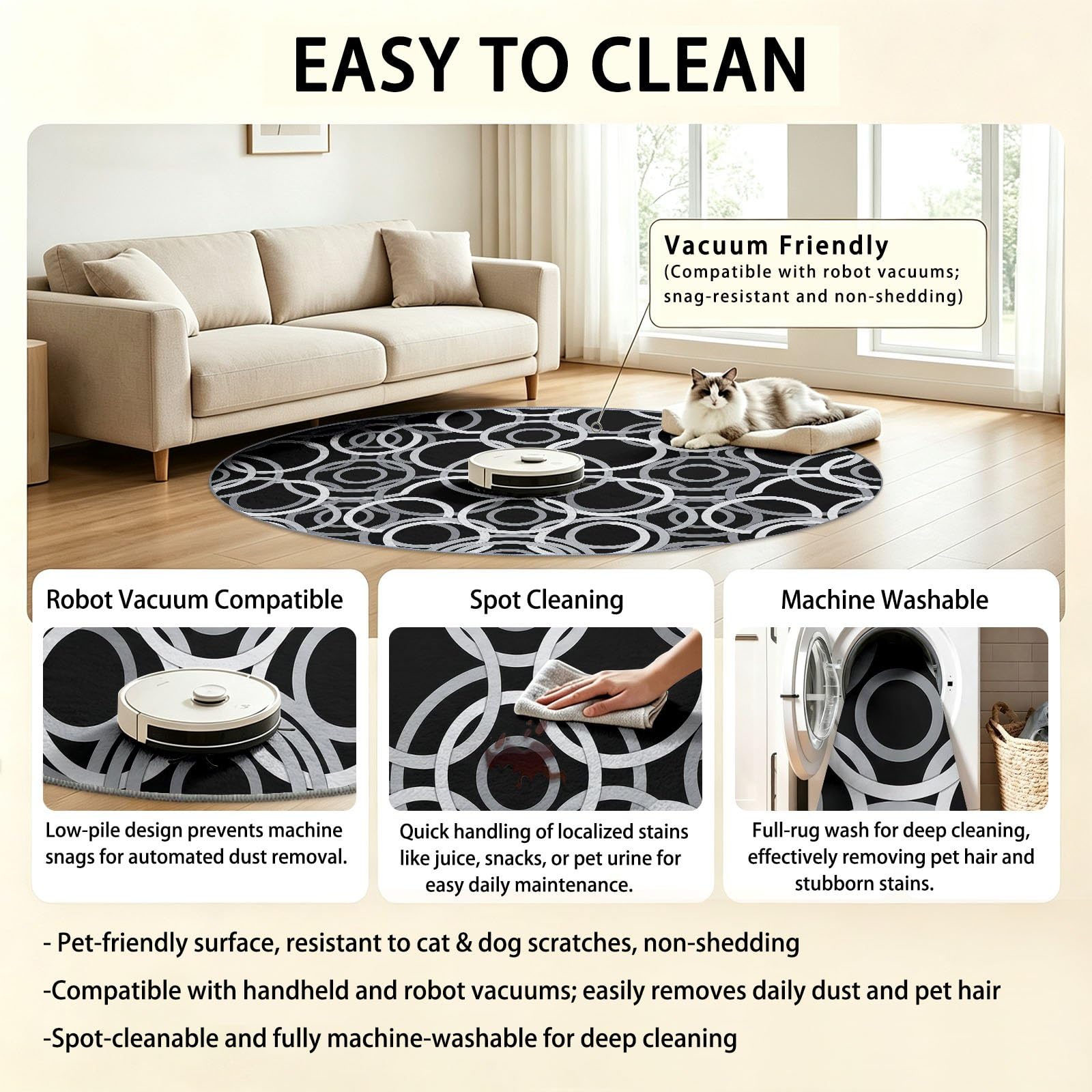 Tapis Rond Salon Moderne Geometrique Cercle Anneau Abstrait Noir Gris Doux Poil Ras Tapis de Sol Décoration Antidérapant pour Salon Chambre Cuisine Balcon Terrasse Salle à Manger Intérieur 160 cm