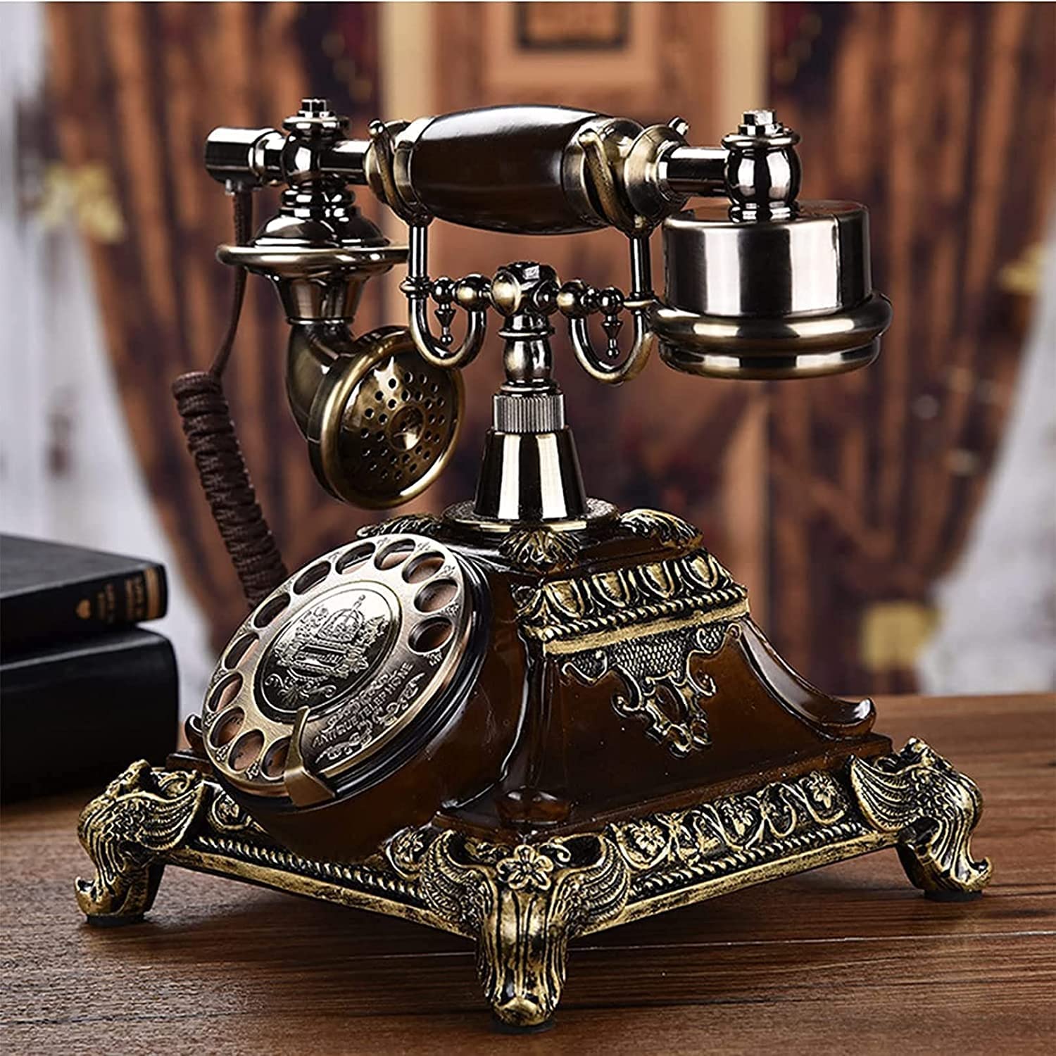 Cloyster Retro Phone Vintage Phone European Bronze Turntable Creative Rotating Antique Telephone Garden Home Button Office Fixed Landline (Square Model)-image-20