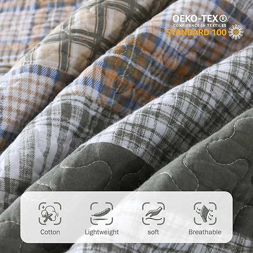 Miniatura 4 de Y-PLWOMEN Juego de edredón tamaño King 100 % algodón, color verde grisáceo, tamaño King, acogedor, a cuadros, ligero, para todas las estaciones, 3
