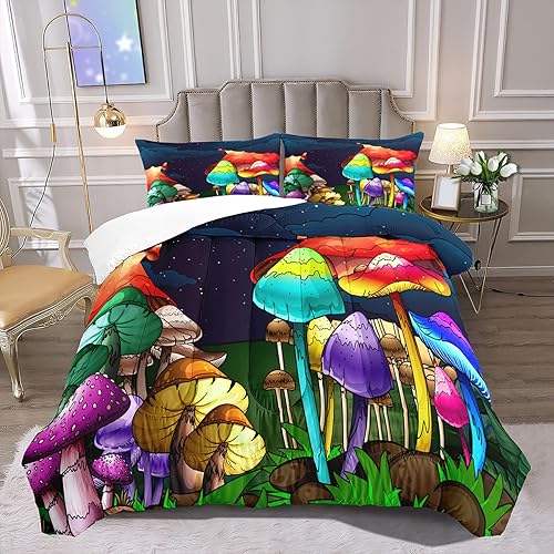 Juego de edredón de hongos para niñas ropa de cama de tamaño Queen con estampado de hongos para niñas juego de ropa de cama de tamaño Queen con