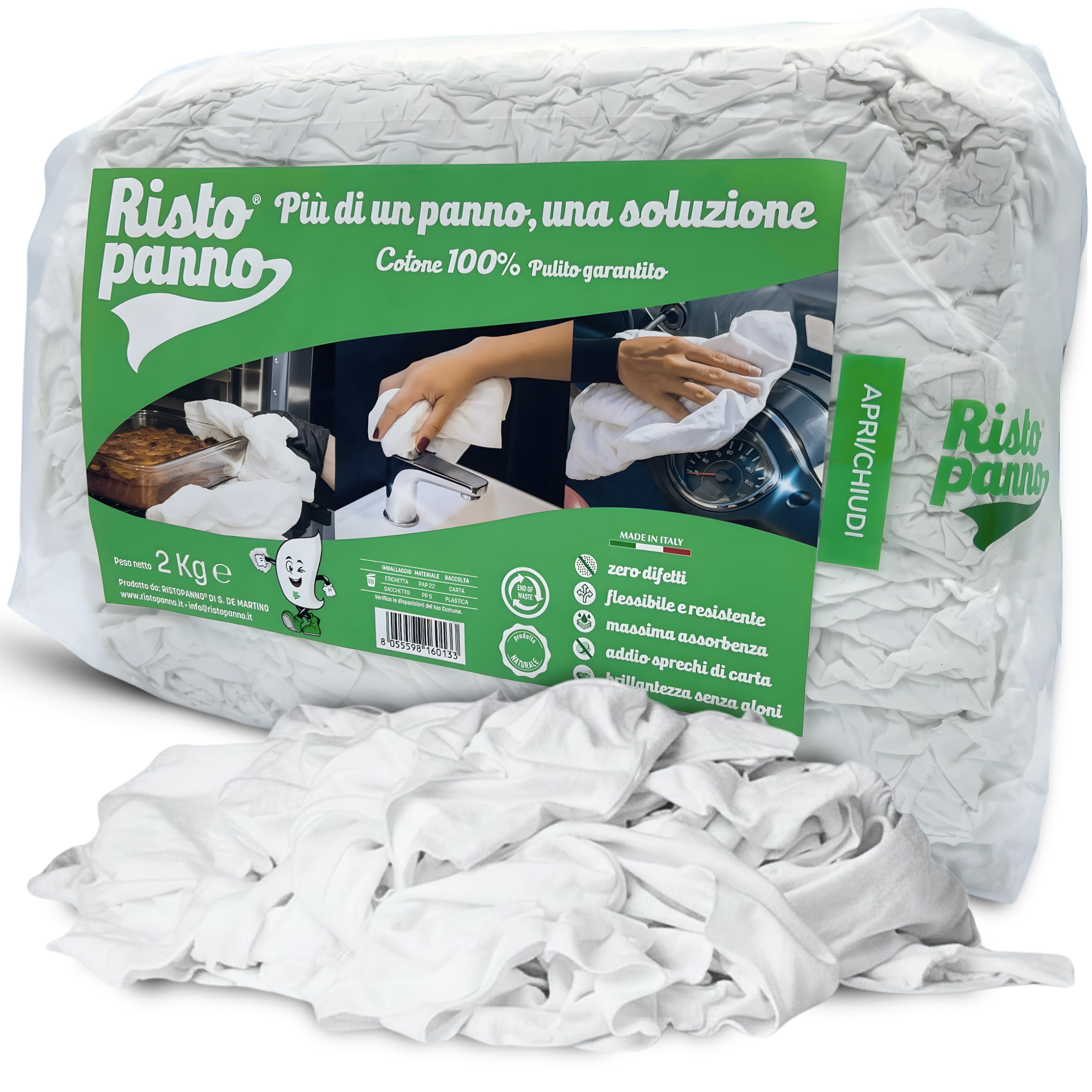 Ristopanno Home – Panni Multiuso - Stracci Bianchi Cotone 2 KG - Non Lascia Aloni - Uso Quotidiano per Casa, Auto, Moto e Garage - Lavabili Flessibili e Resistenti – Massima Assorbenza