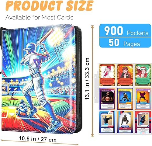 Miniatura 3 de Carpeta de tarjetas de béisbol de 900 bolsillos con mangas, 50 páginas extraíbles, 3 anillos con cremallera, álbum de tarjetas coleccionable con