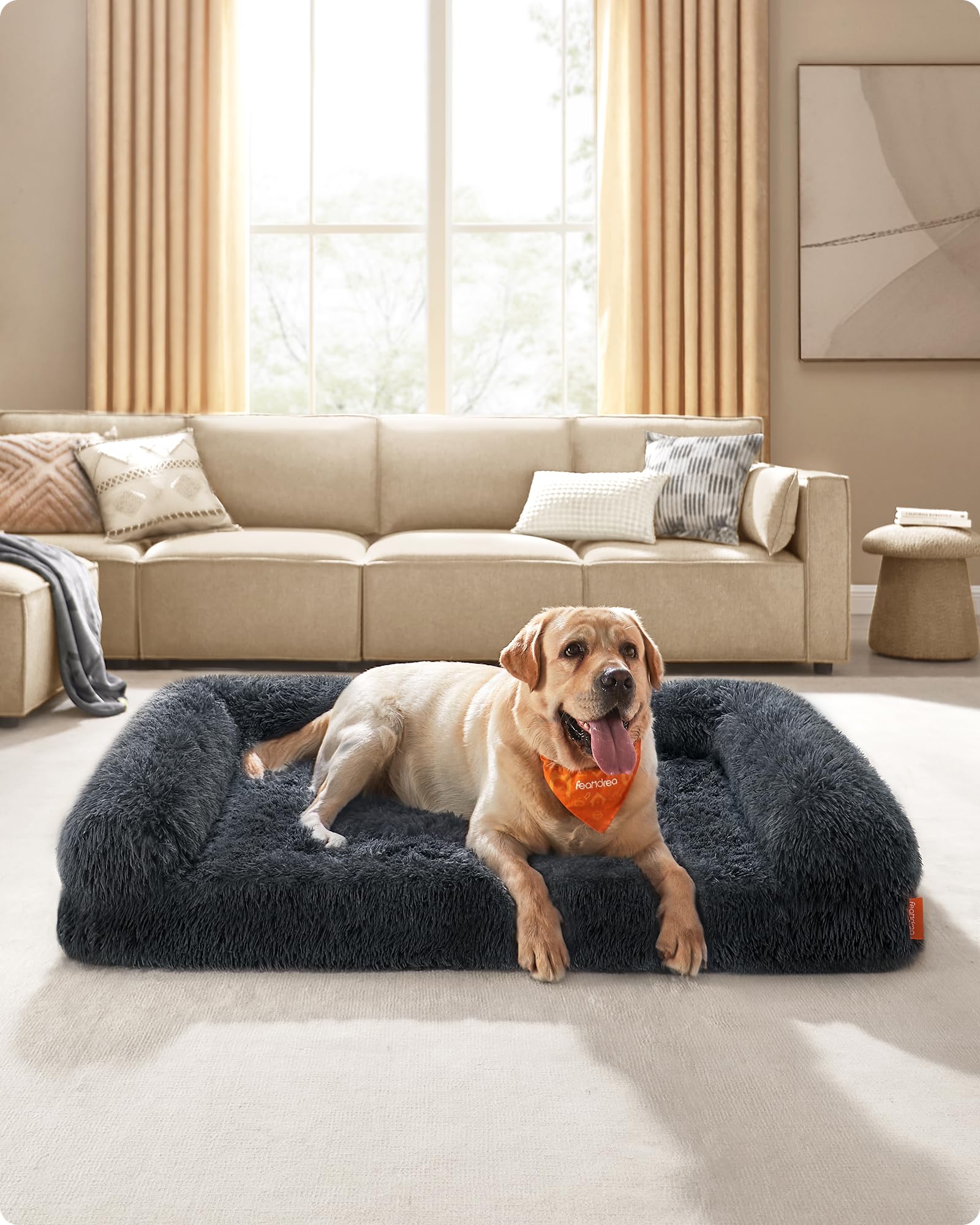 Feandrea FluffyHug Cuccia per Cani, Taglia XXL, Divano Letto per Cani di Taglia Grande, di Gommapiuma Ondulata, Copertura Lavabile Sfoderabile, 122 x 85 x 24 cm, Grigio Scuro PGW234G02