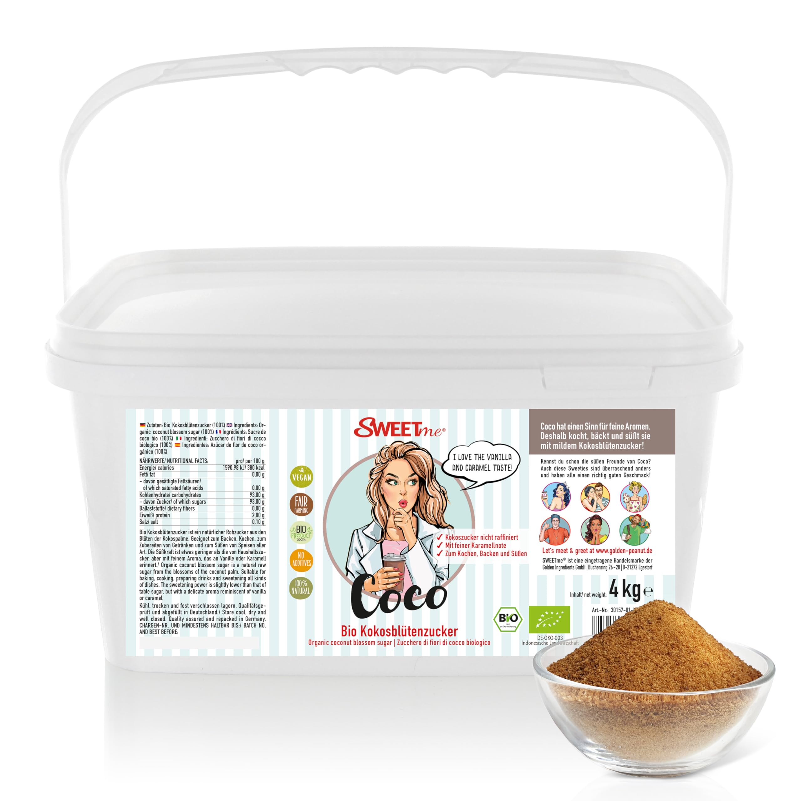 SWEETme® Bio Kokosblütenzucker 4 kg Kokoszucker mit feiner Karamellnote, unraffiniert, 100% reiner Blütenzucker