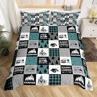 Happy Camping Duvet Cover For Boys, Rustic Camper Comforter Cover Full,Boho Chic Arrows Bedding Set For Kids Teens Adult,Geometric Checkered Plaid Quilt Cover Farmhouse Decorations,Grey Green