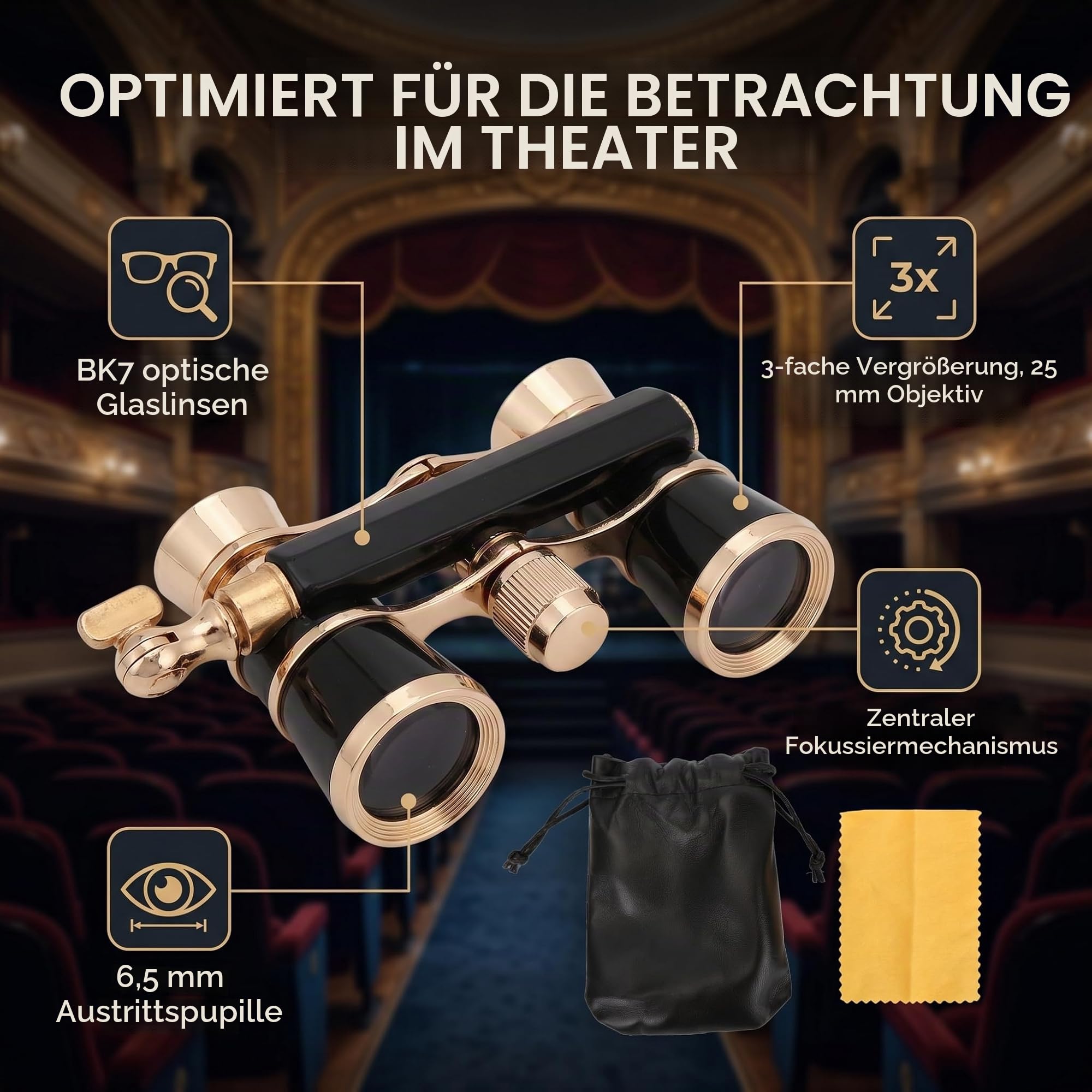 Fernglas für Oper, 3X25 Opera Fernglas Teleskop Theater Tragbares Teleskop Theater Opernglas für Frauen Mädchen Kinder (Black)