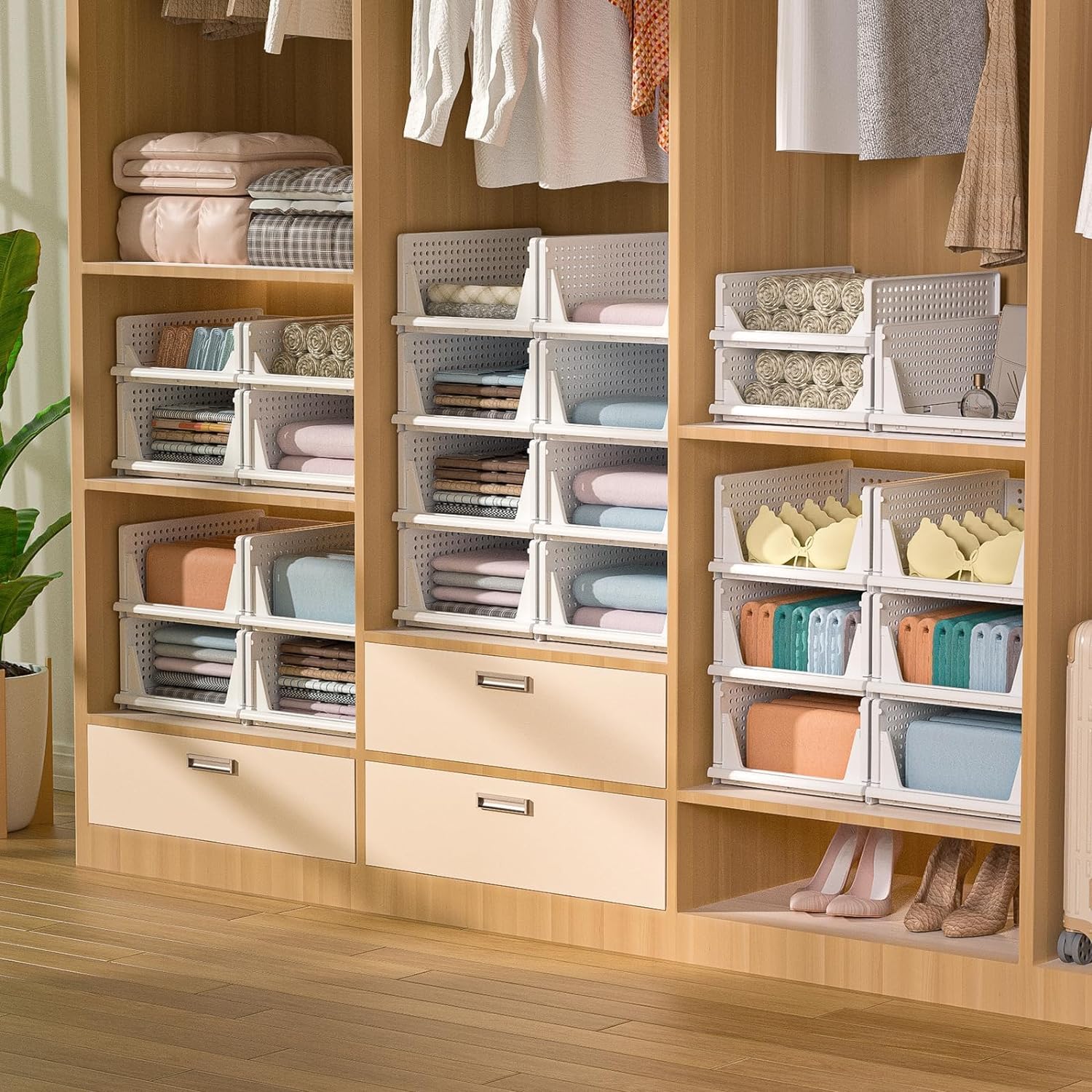 Closet Organization System with Storage Rack, Foldable Shelves, Bins and Folding Containers, White