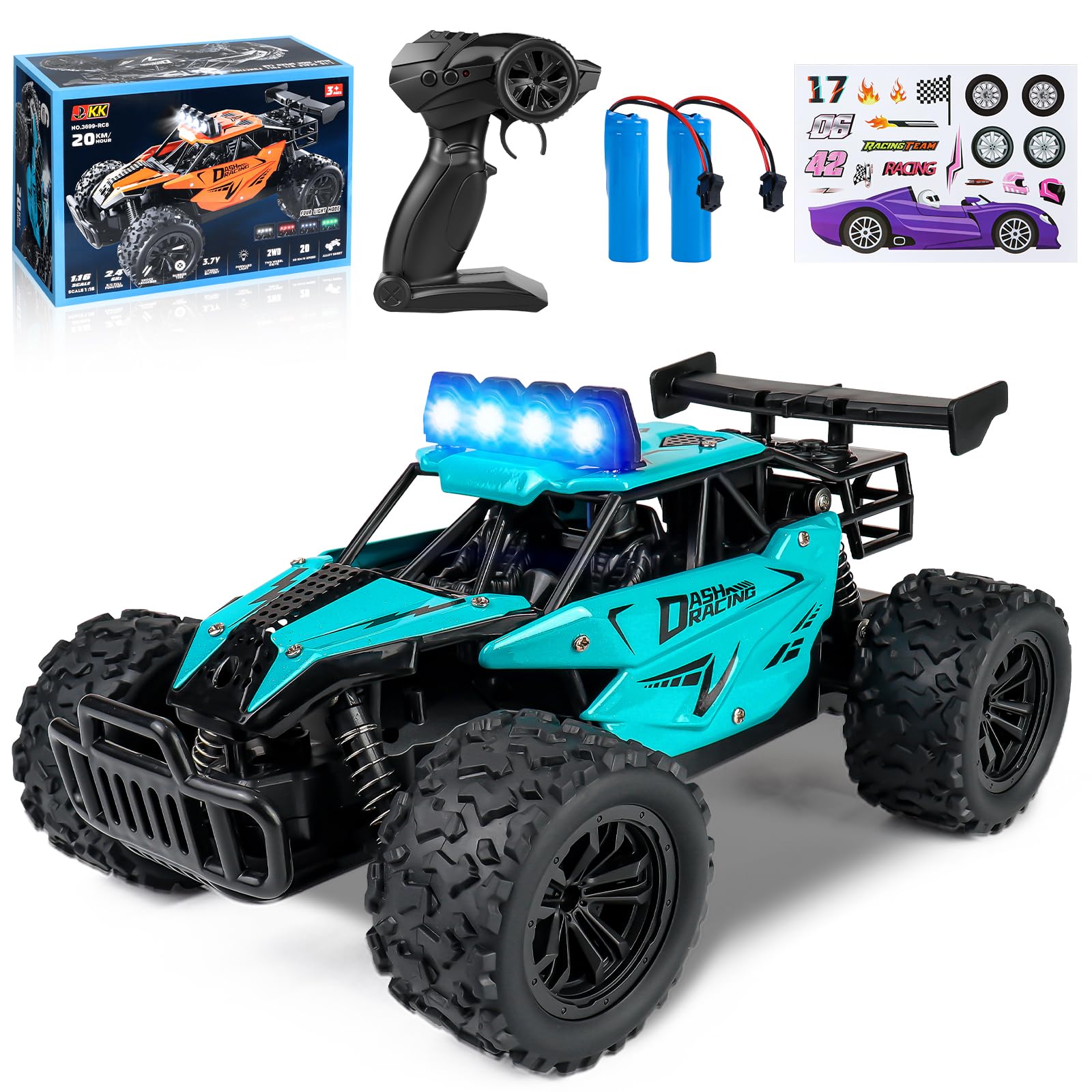 Joellfuner Macchina Telecomandata per Bambini, 2.4Ghz 1:16 Macchina Radiocomandata con Luce LED Quattro Colori, 20KM/H Monster Truck Telecomandato con marce alte e basse per bambini 3+ anni (Ciano)