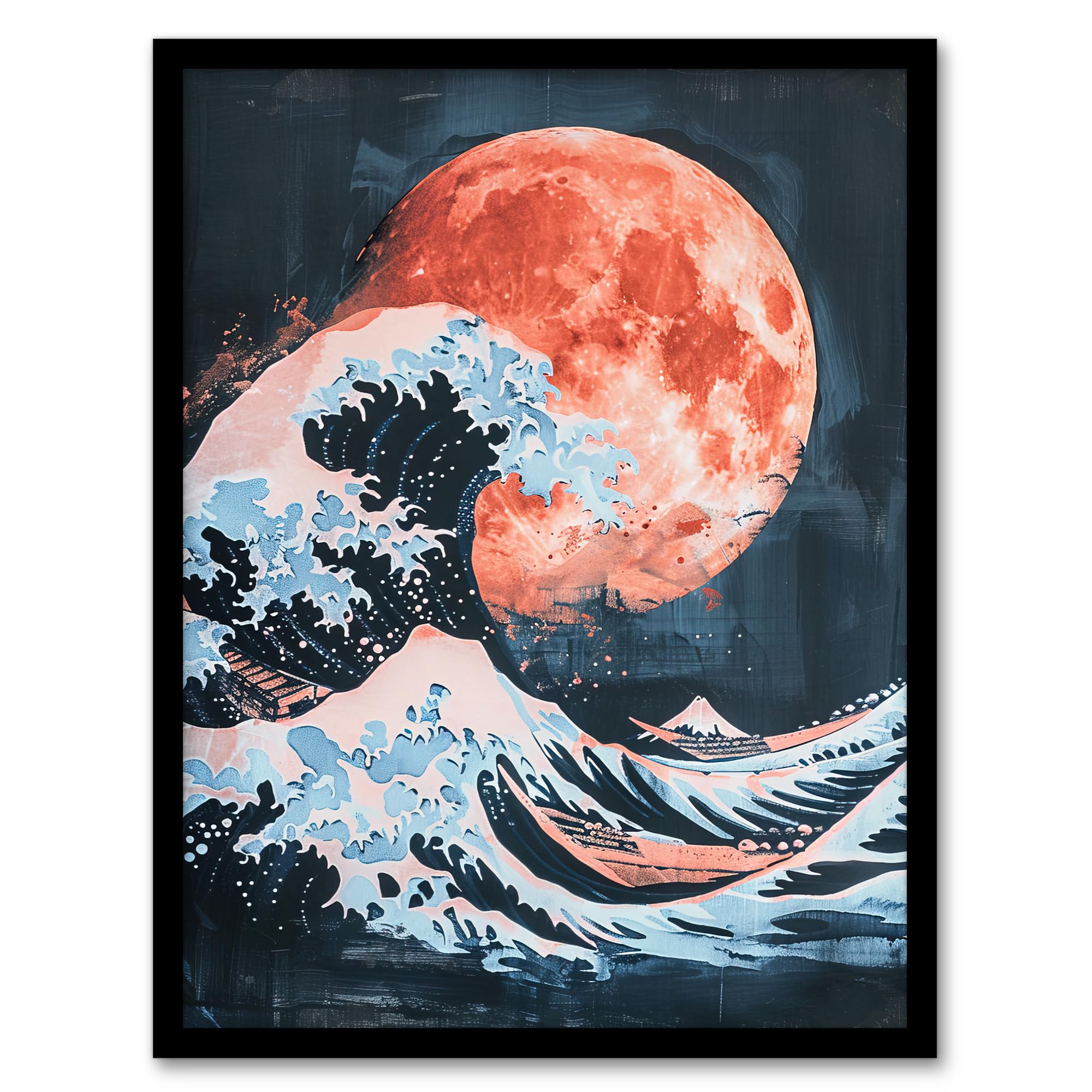 Artery8 Surreal Great Wave Blood Moon Sea Storm Painting Living Room Artwork Framed Wall Art Print A4