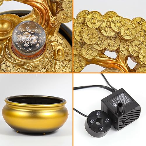 Miniatura 5 de Árbol de dinero dorado Feng Shui fuente de agua de escritorio decoración de cascada con luz LED, portátil, mesa decorativa, meditación zen, cascada
